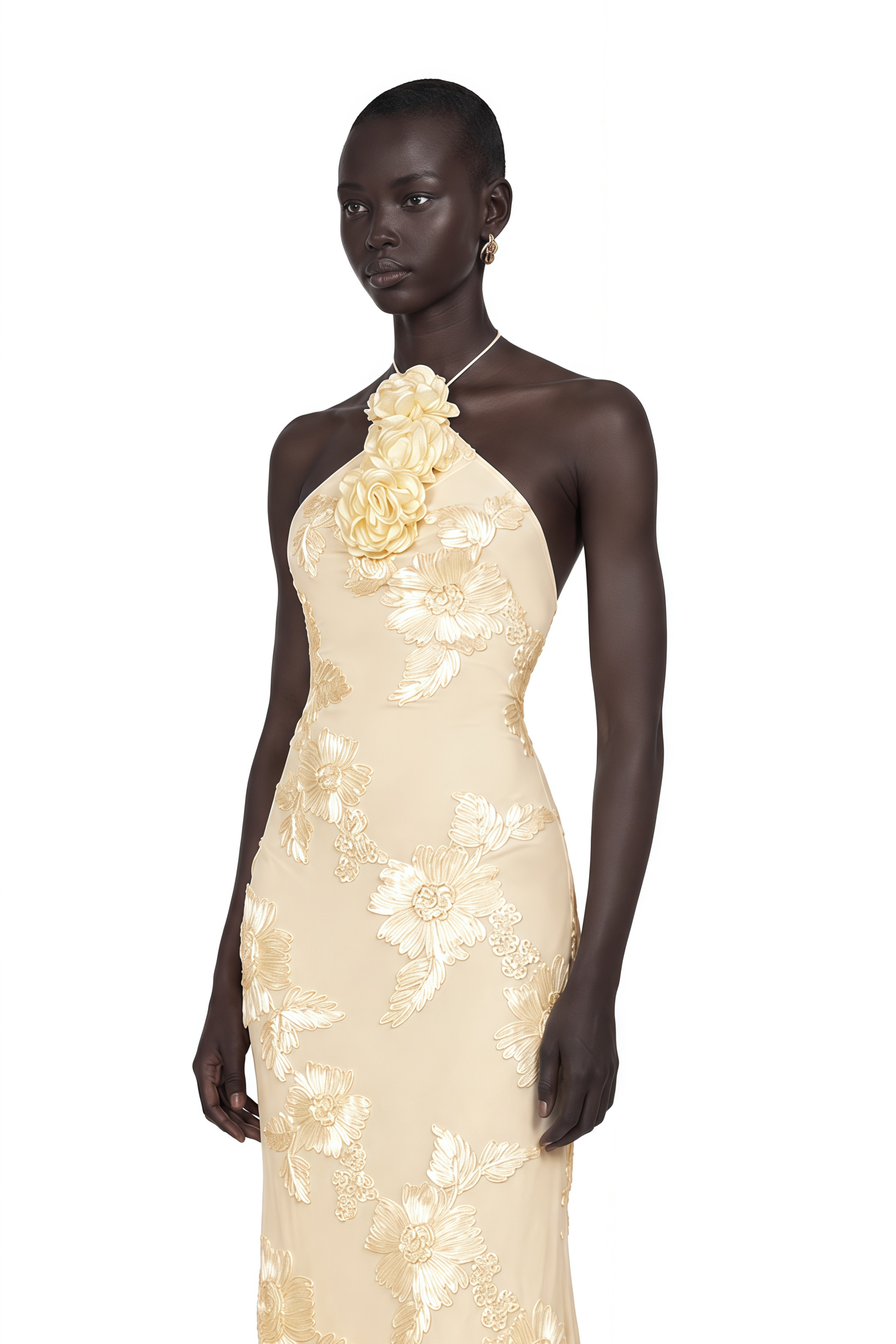 Melanie Neutrals Embroidered Halterneck Maxi Dress