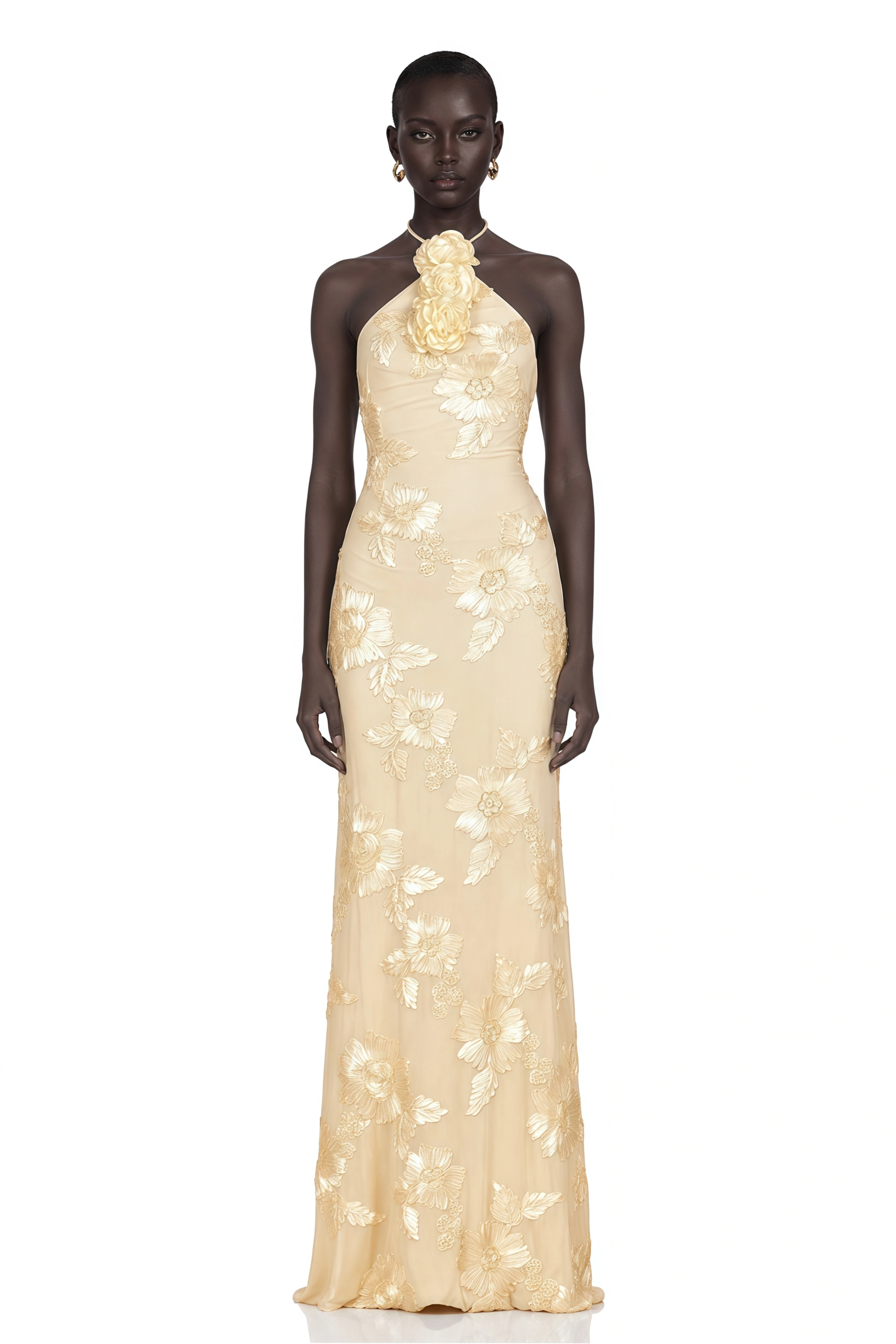 Melanie Neutrals Embroidered Halterneck Maxi Dress