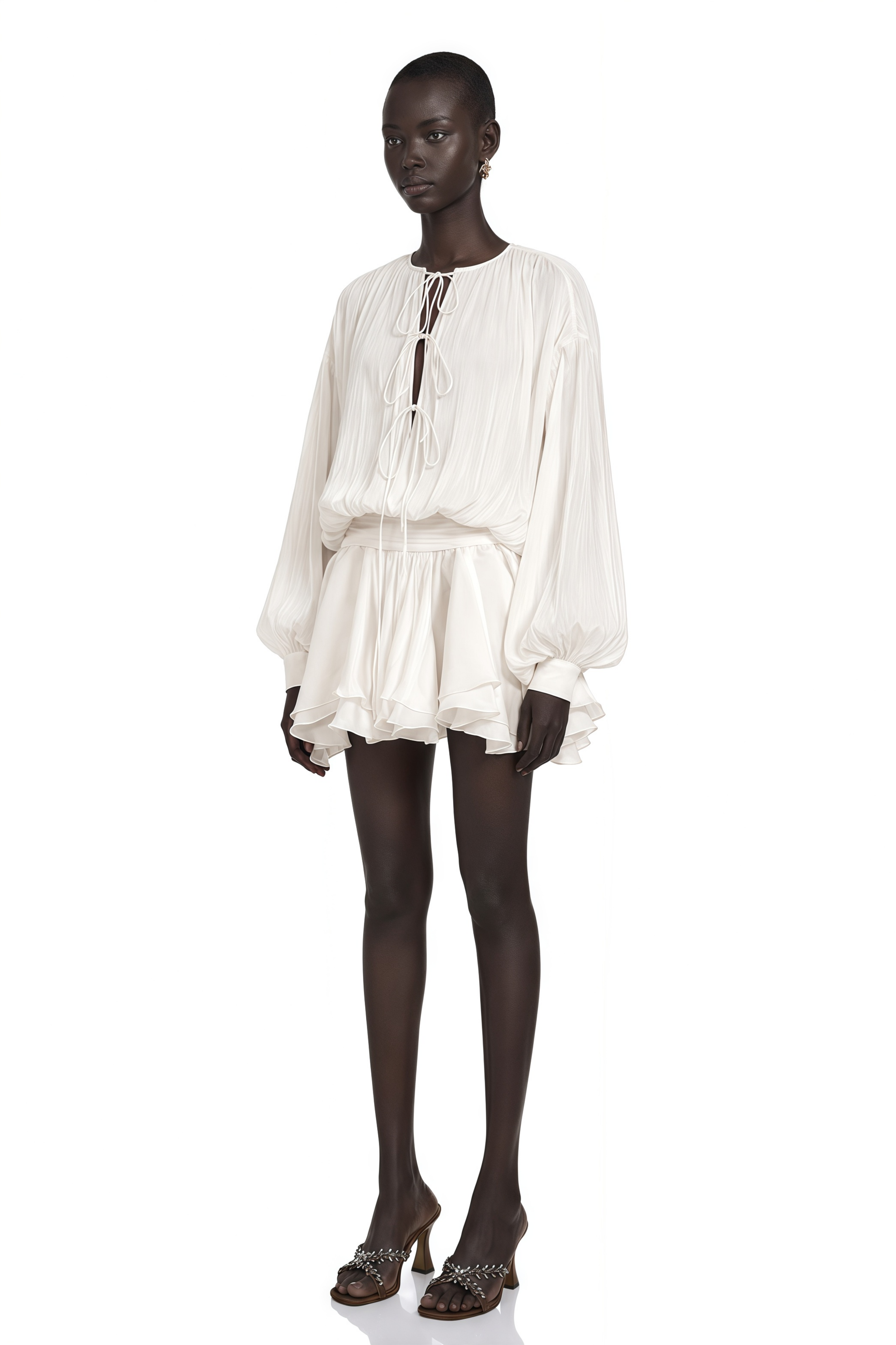 Mahault White Pleated Glitter-Effect Mini Dress