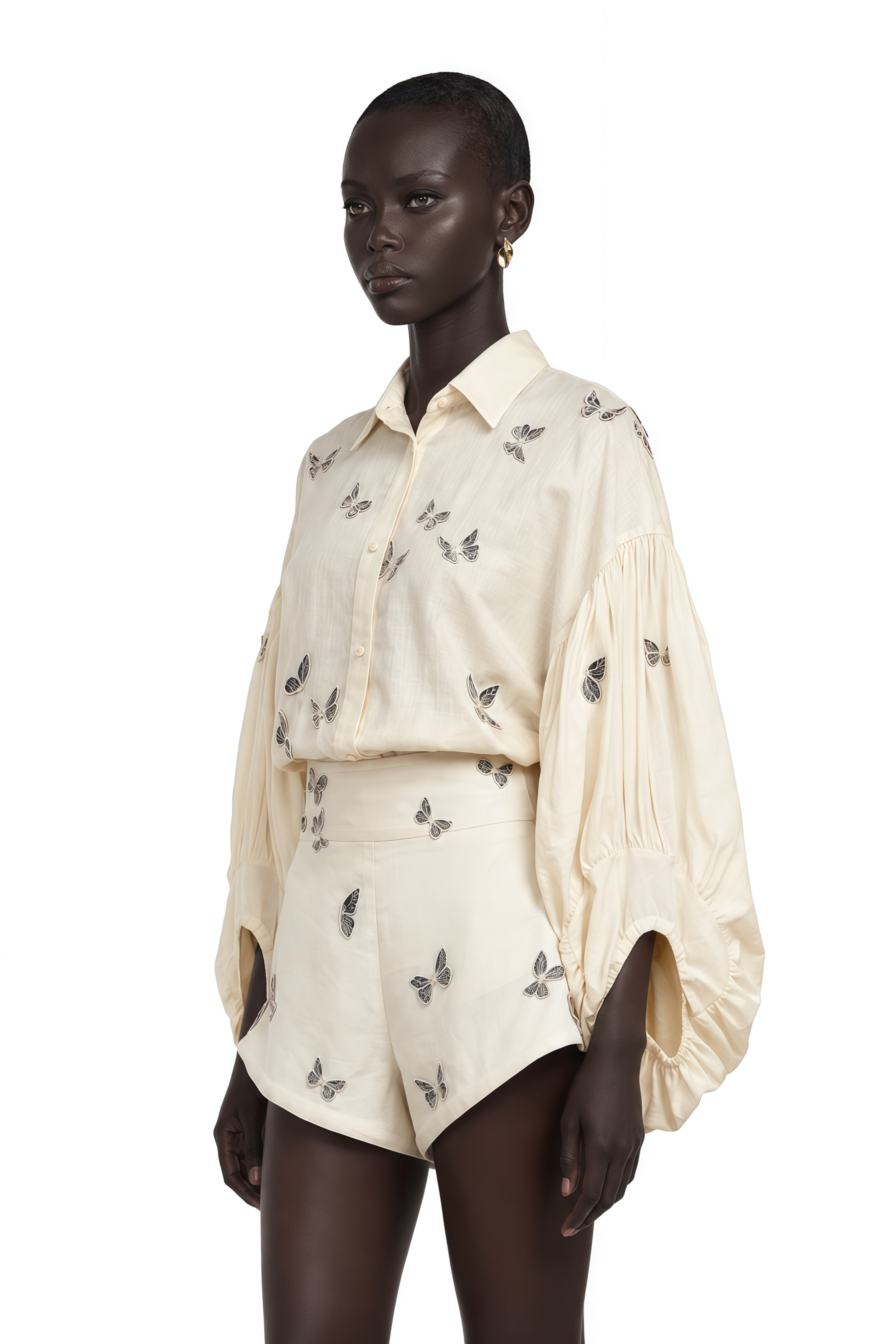 Ophélie White Butterfly Embroidered Shirt & Shorts Set
