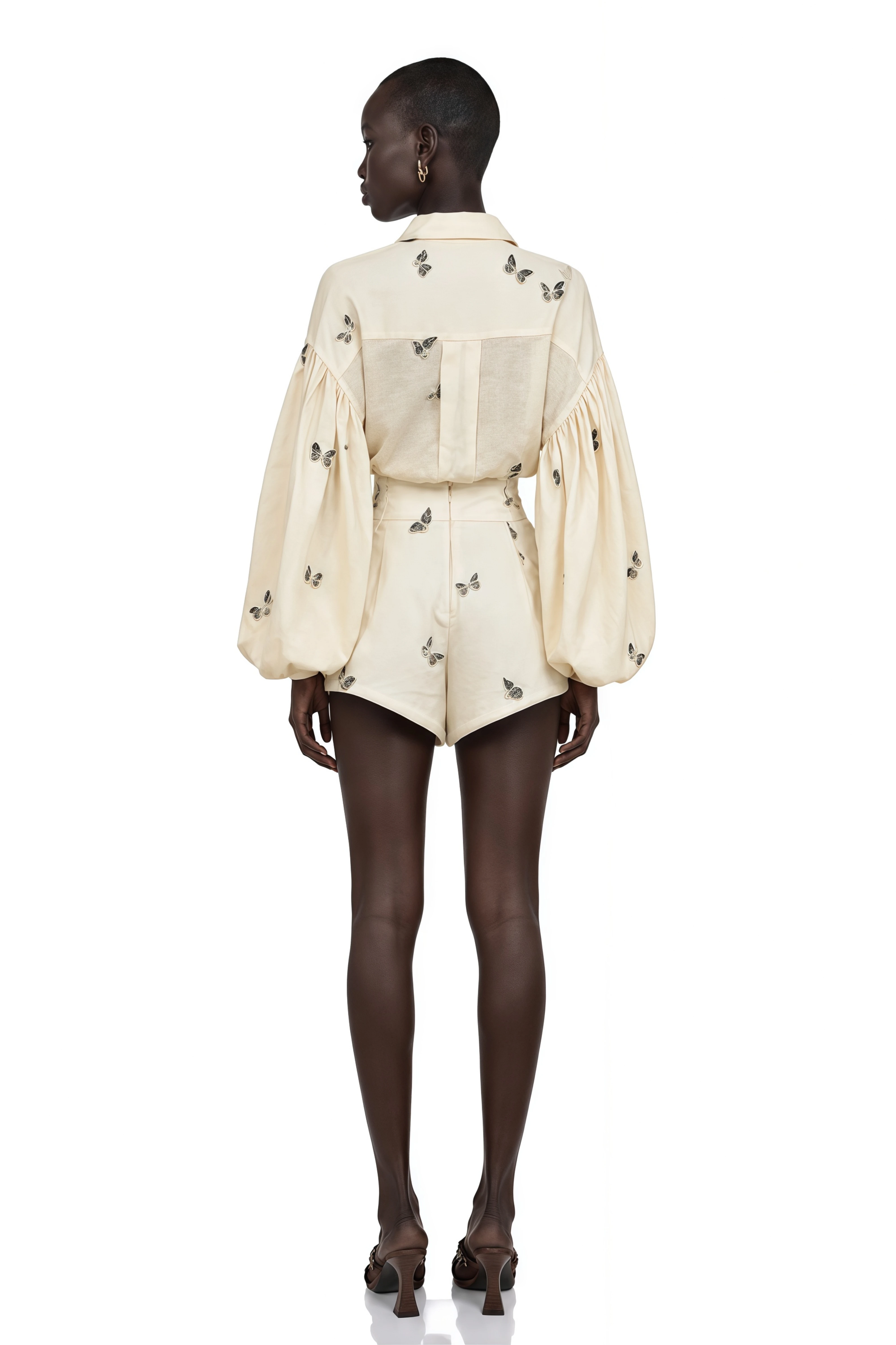 Ophélie White Butterfly Embroidered Shirt & Shorts Set