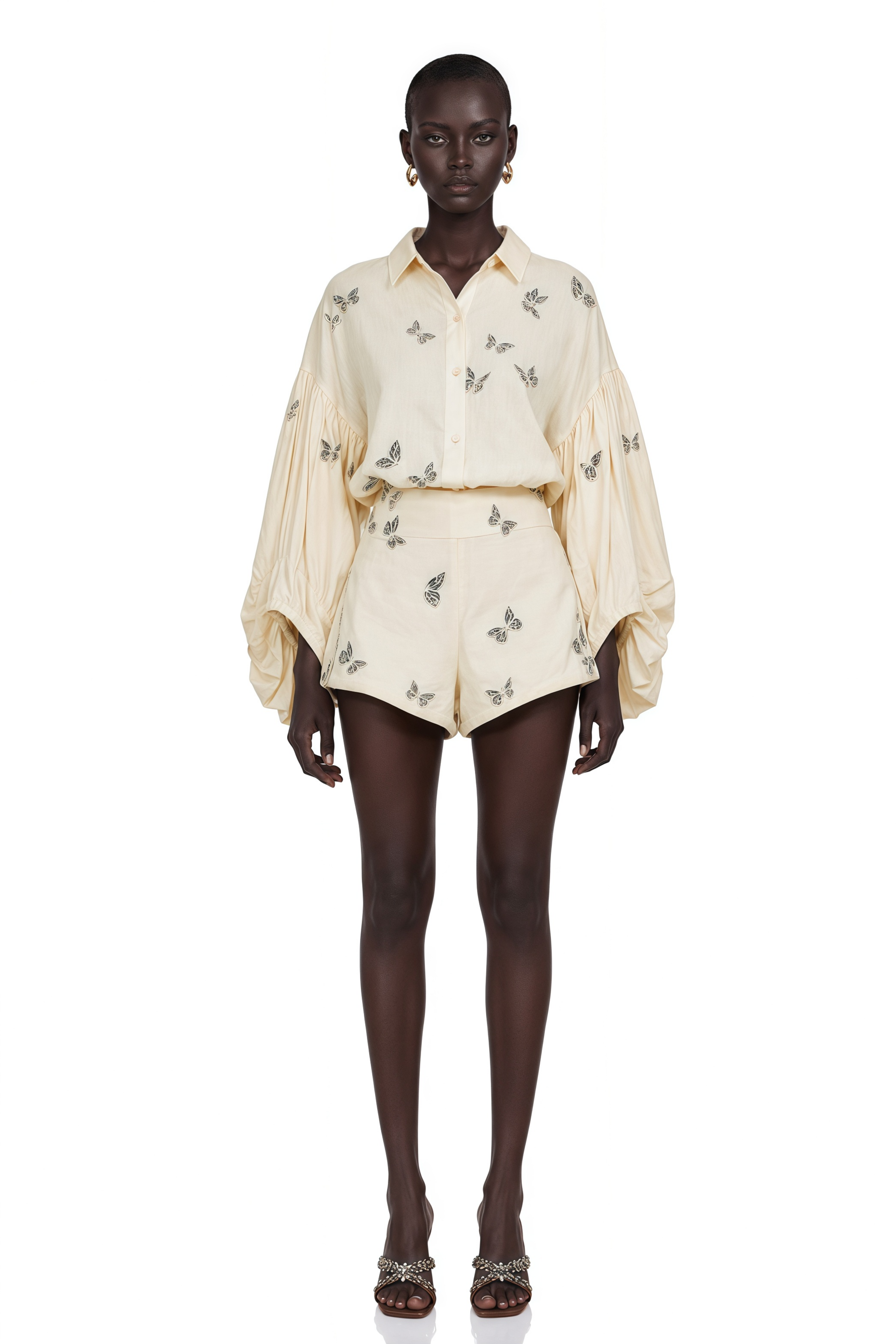 Ophélie White Butterfly Embroidered Shirt & Shorts Set