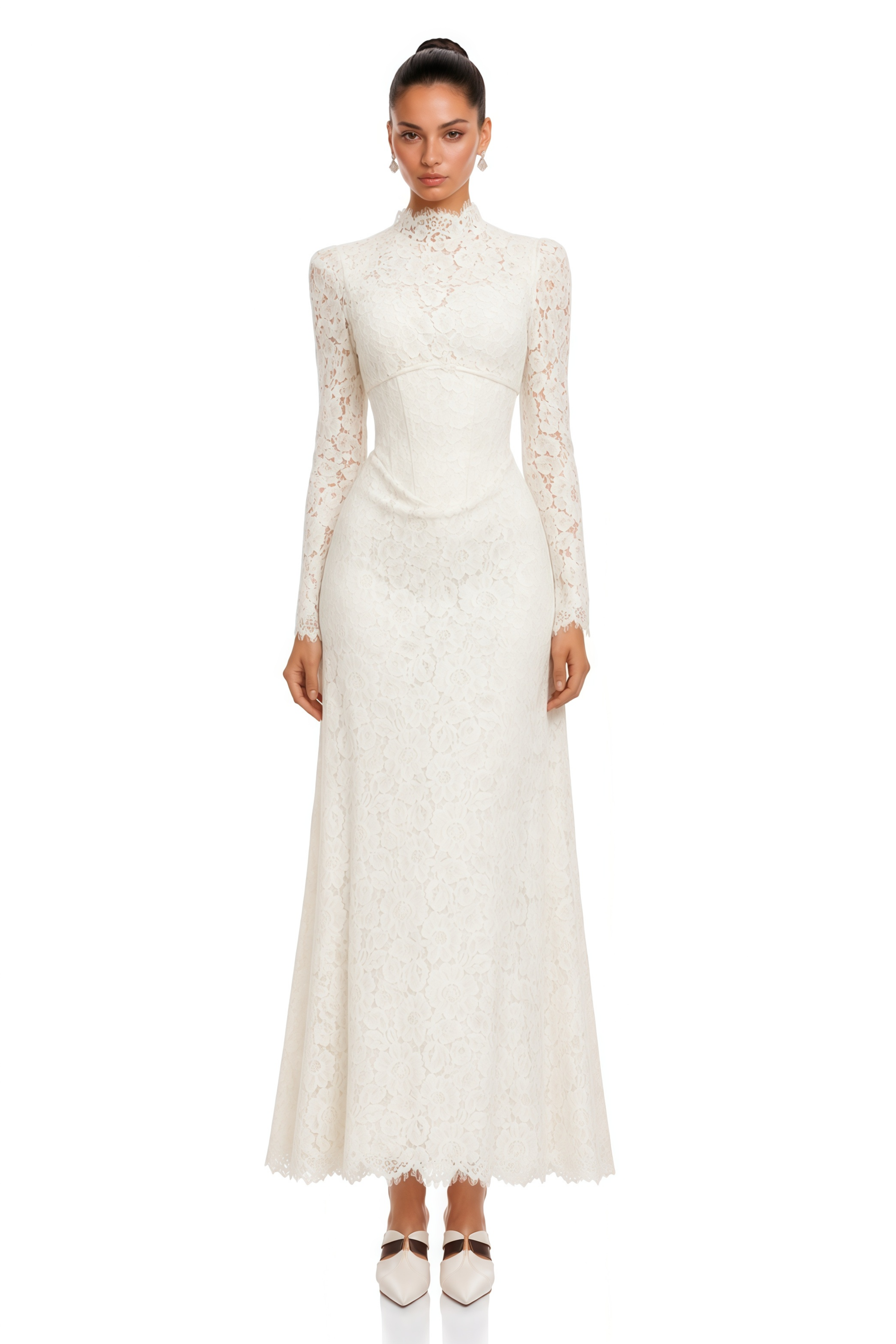 Maggie Ivory High Neck Floral Lace Maxi Dress