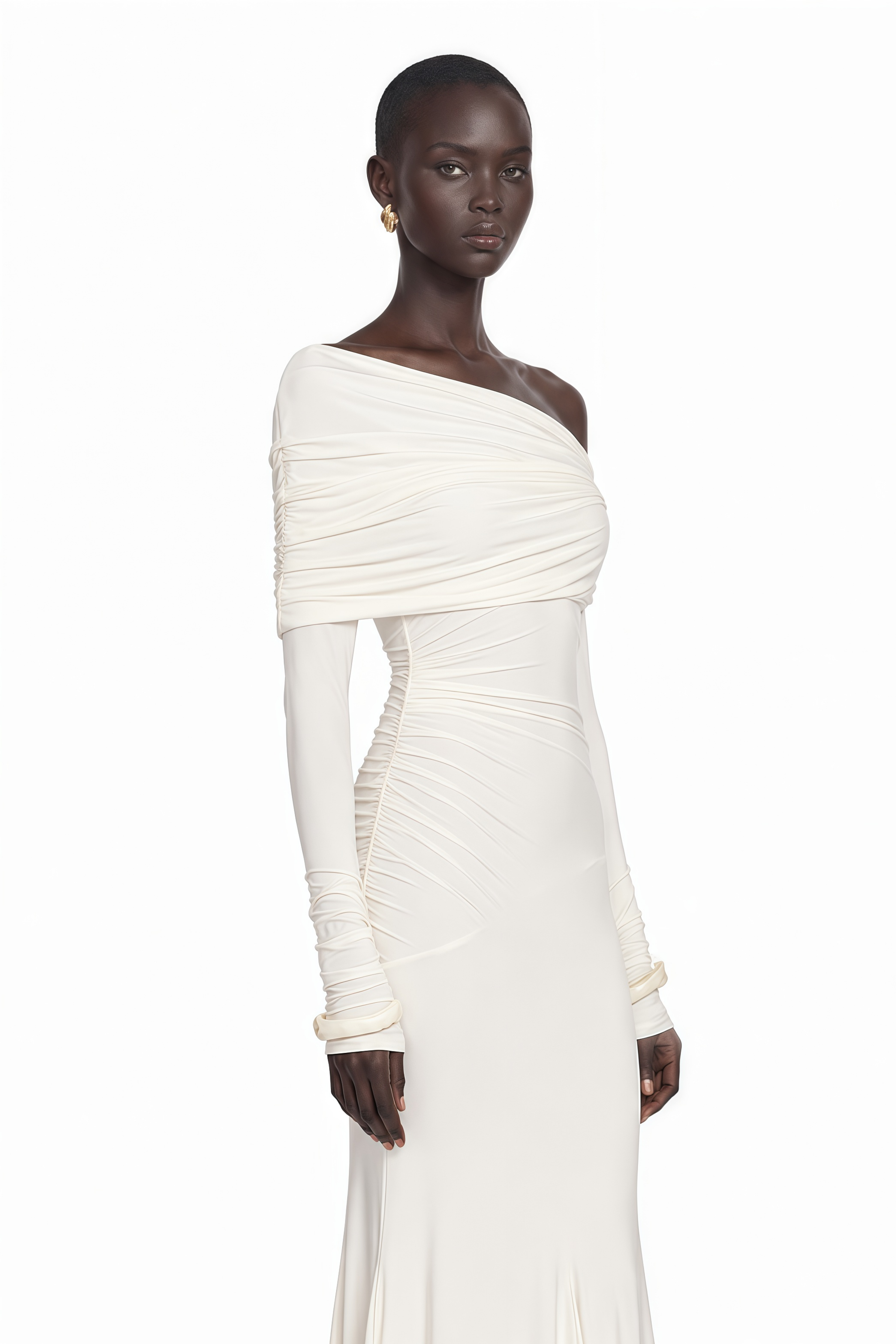 Delphine White Off-Shoulder Ruched Maxi Dress