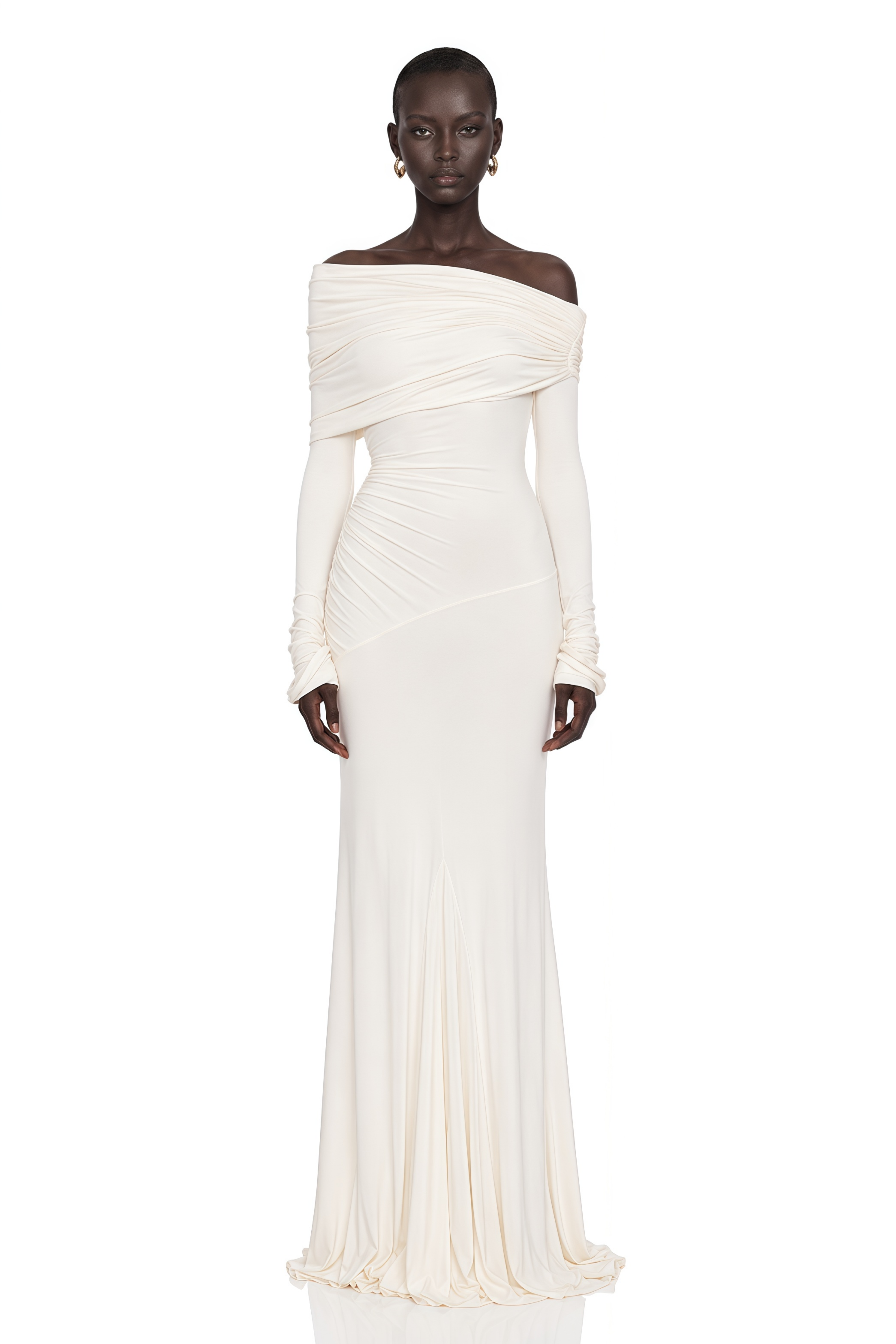Delphine White Off-Shoulder Ruched Maxi Dress