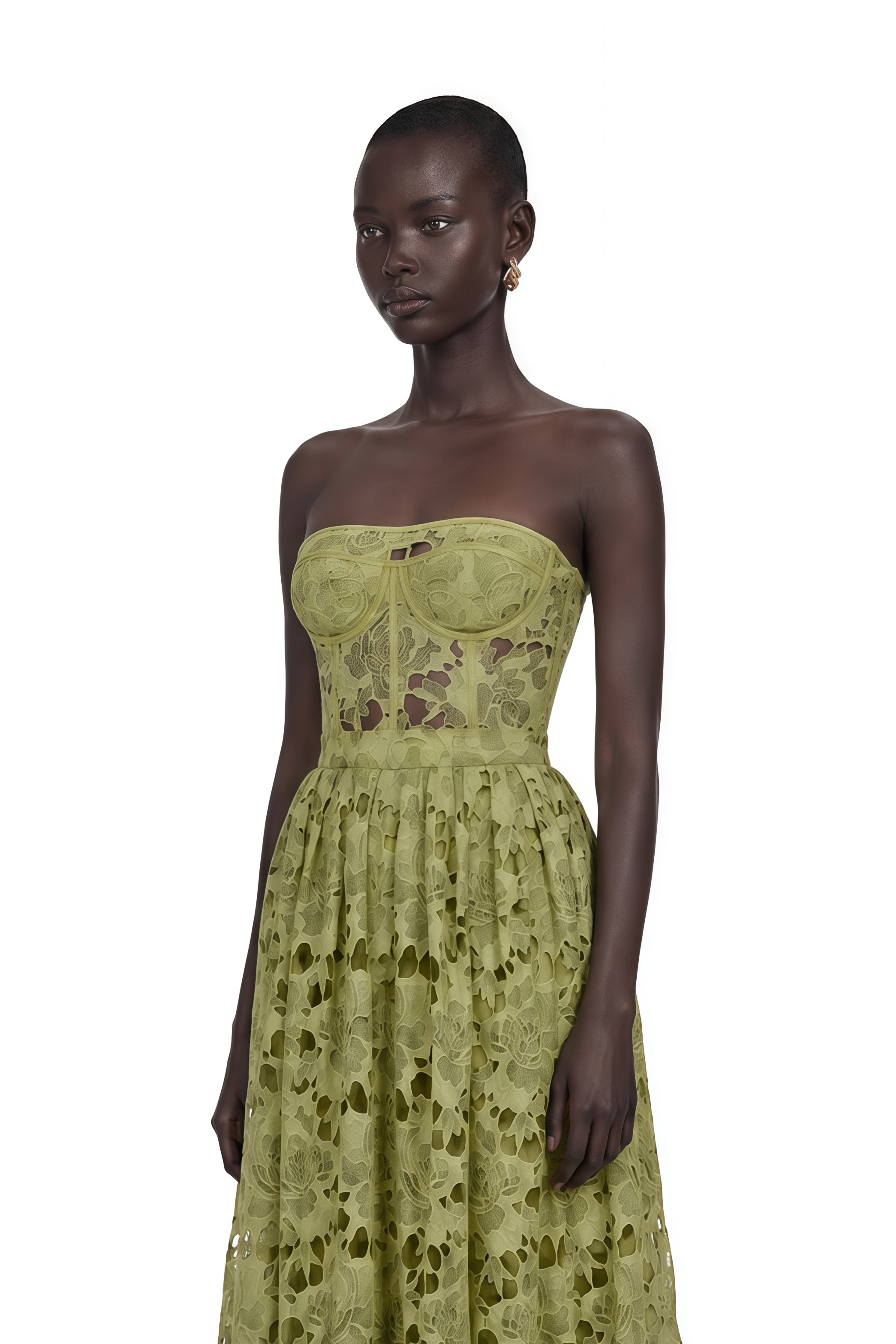 Inès Lace Floral Embroidered Cut-Out Midi Dress in Green