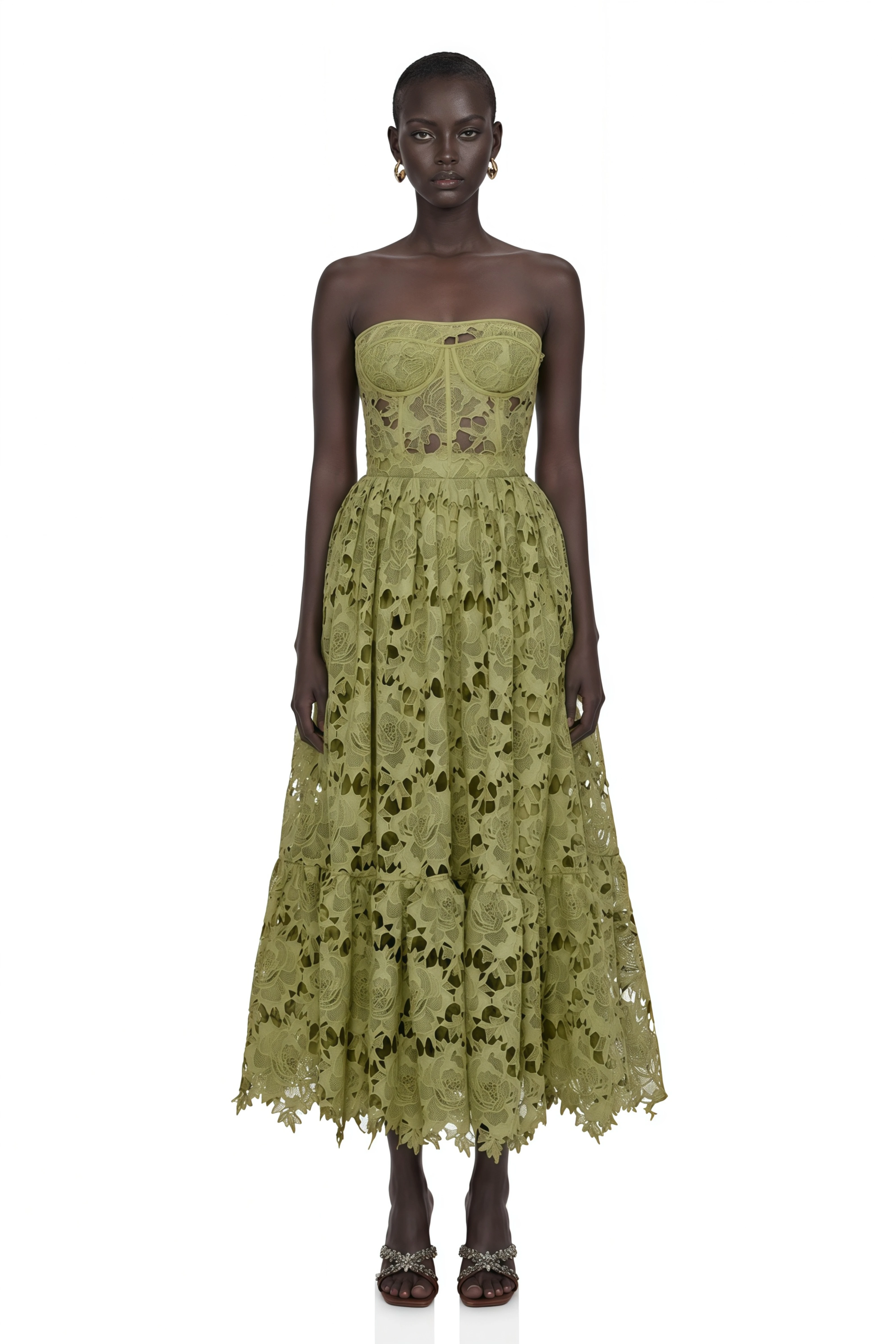 Inès Lace Floral Embroidered Cut-Out Midi Dress in Green