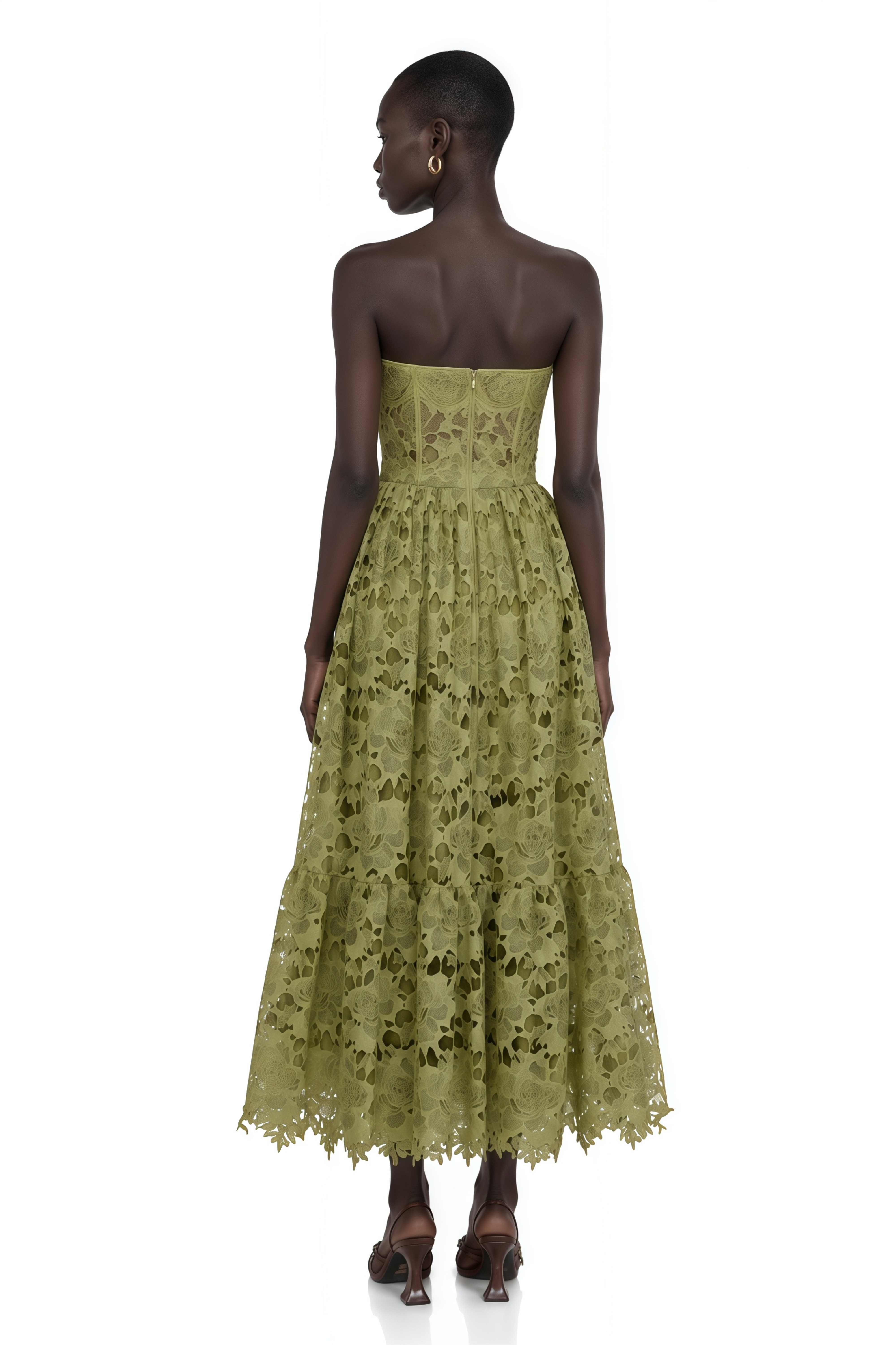 Inès Lace Floral Embroidered Cut-Out Midi Dress in Green