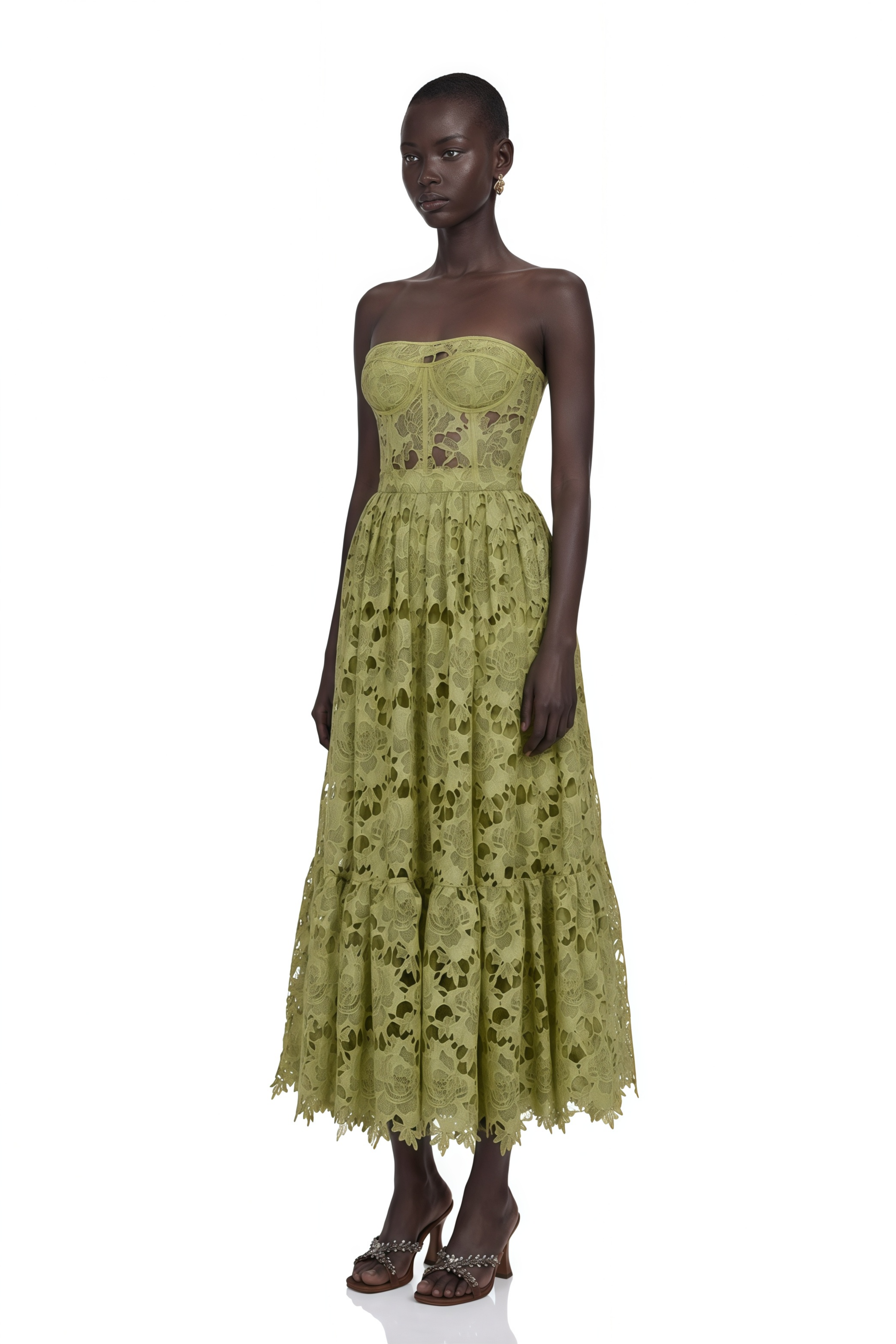 Inès Lace Floral Embroidered Cut-Out Midi Dress in Green