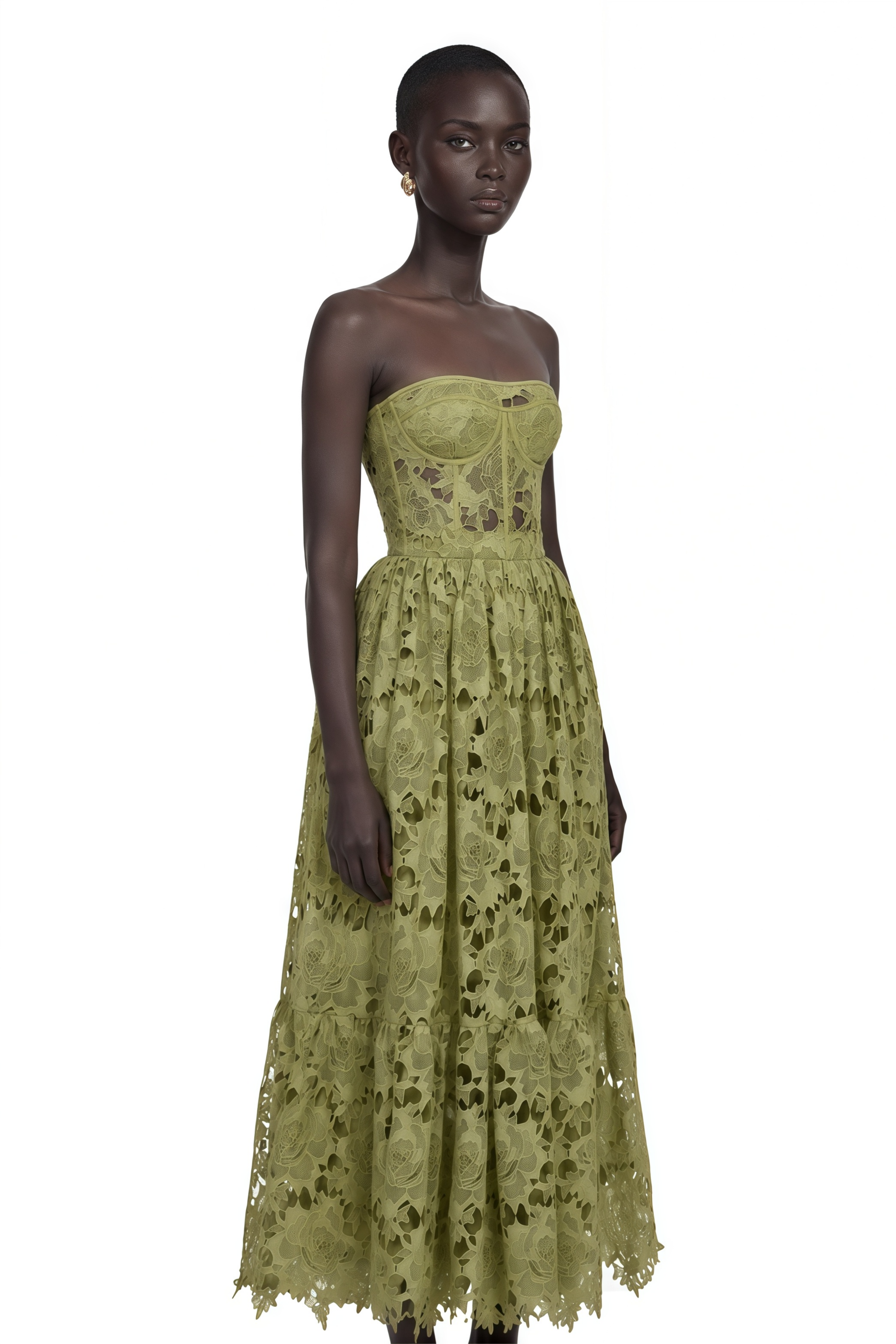 Inès Lace Floral Embroidered Cut-Out Midi Dress in Green – Miss