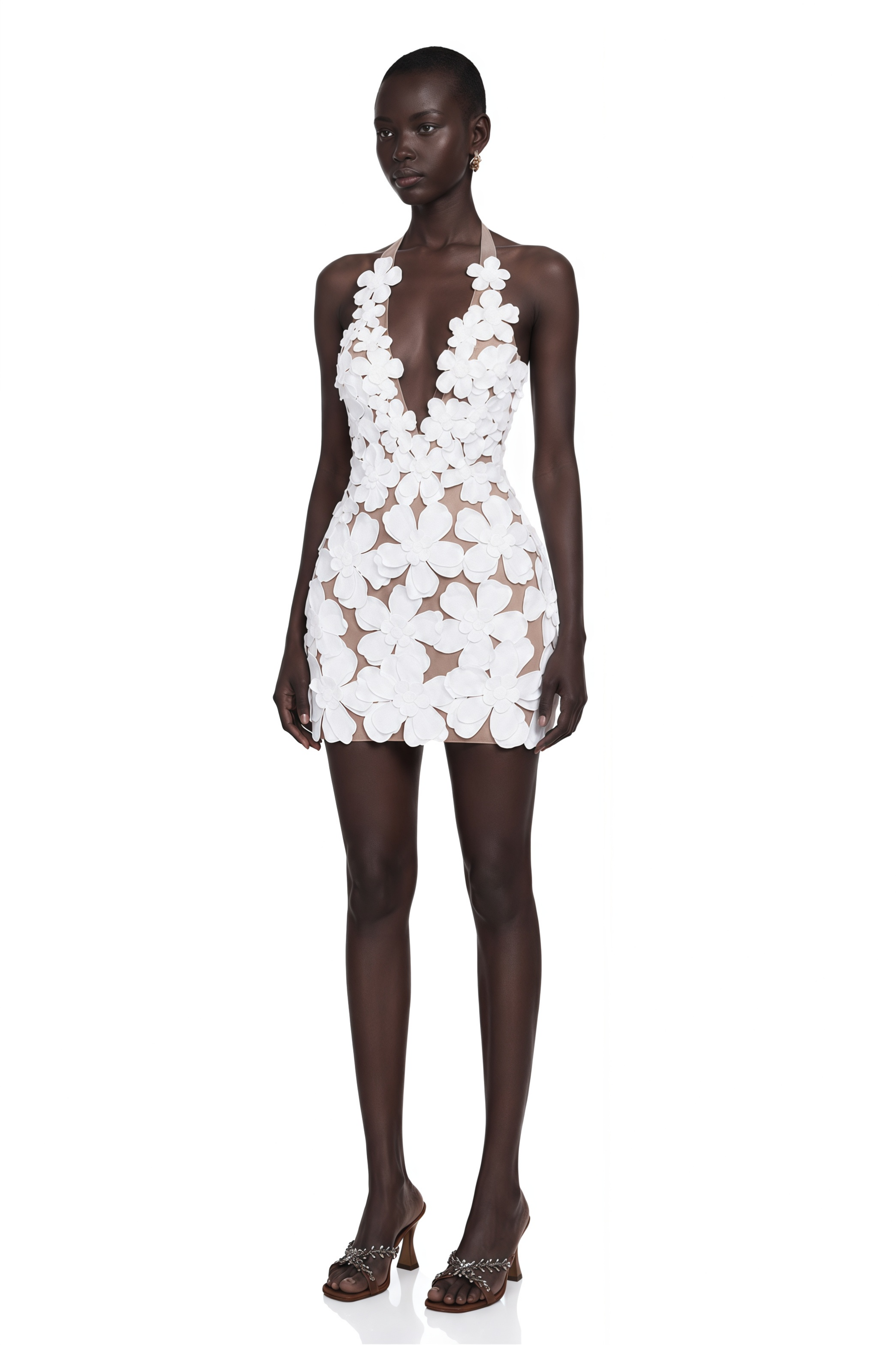 Elara White Halterneck 3D Petal Mini Dress
