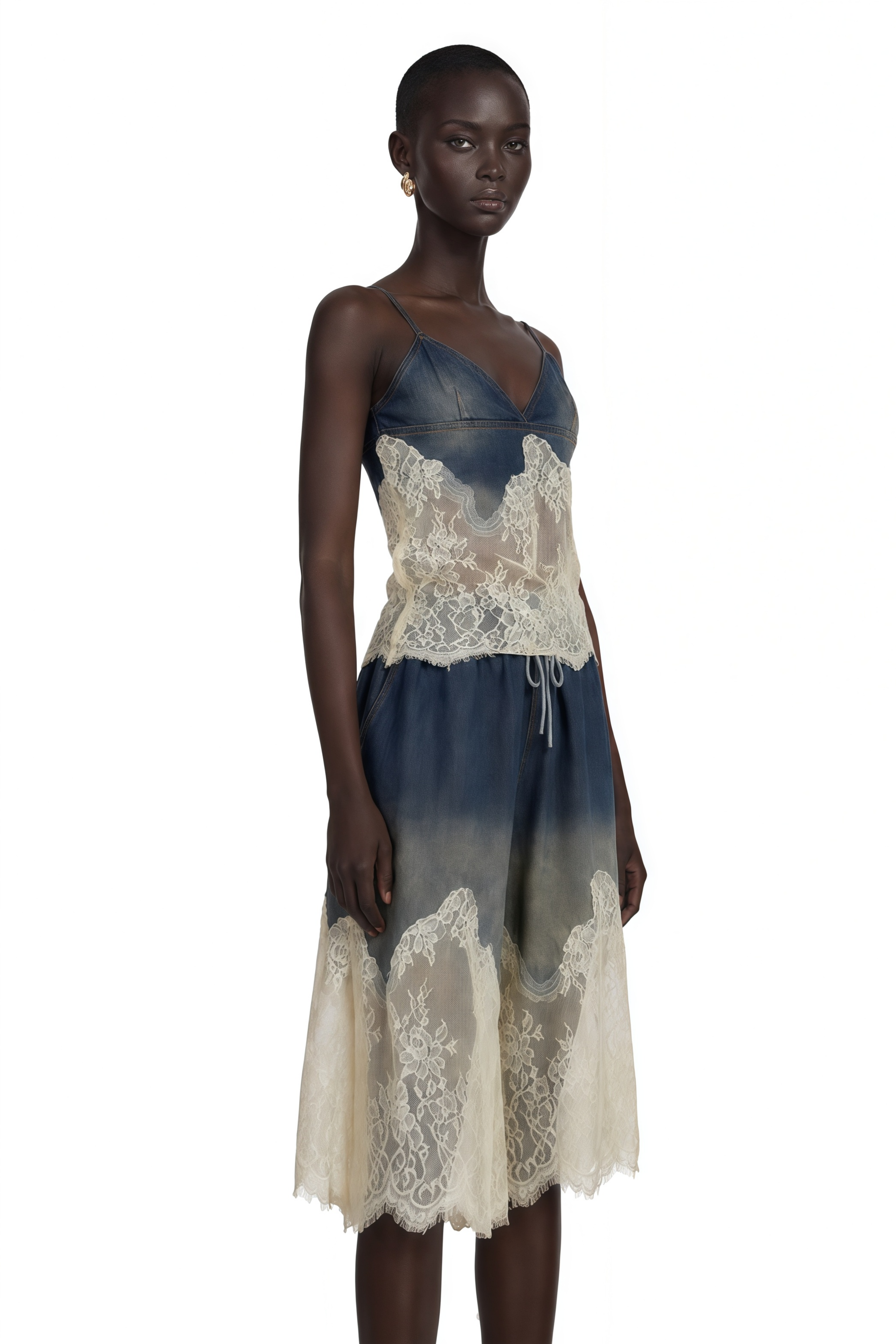 Sylvie Lace-Detail Denim Top & Shorts Matching Set