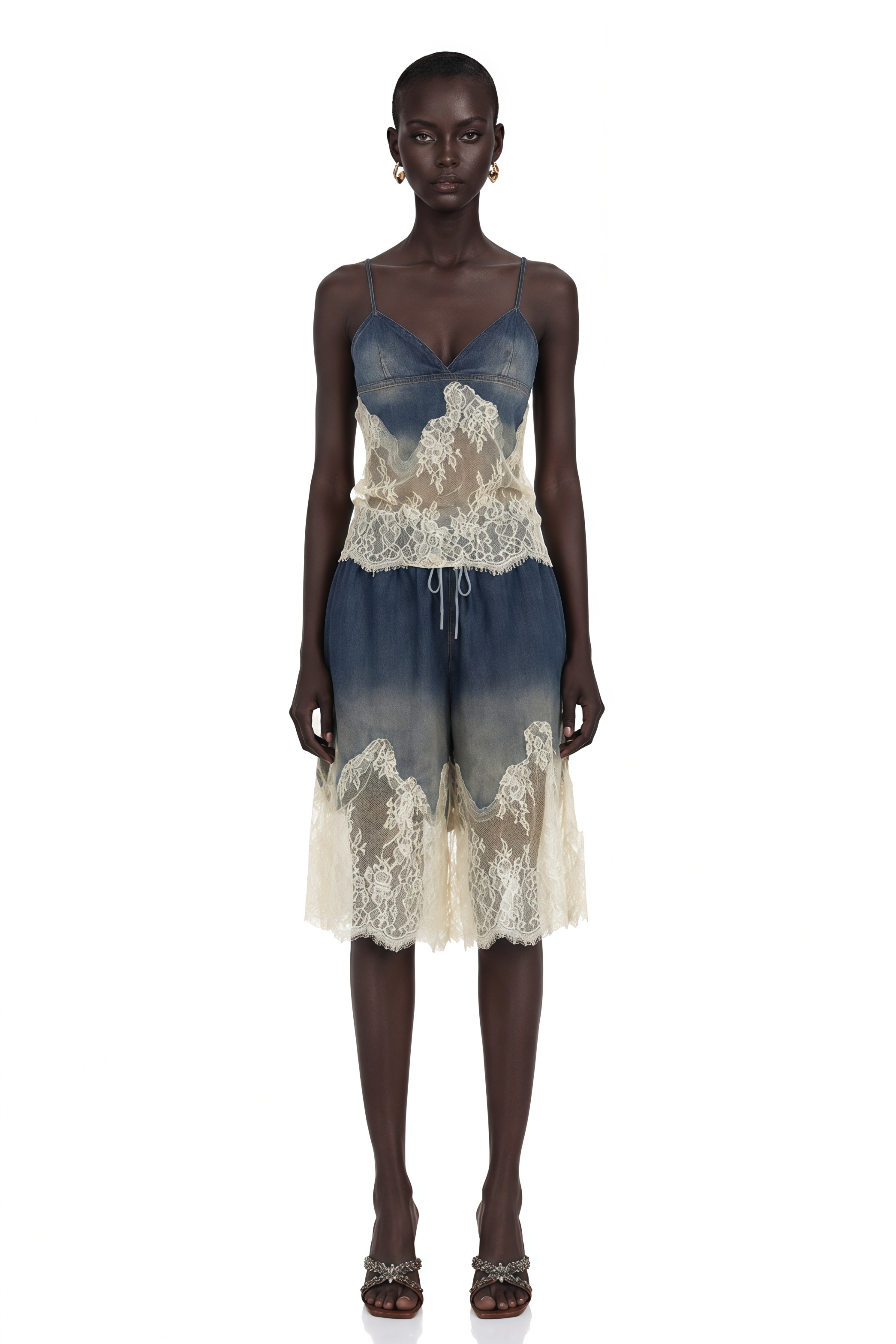 Sylvie Lace-Detail Denim Top & Shorts Matching Set