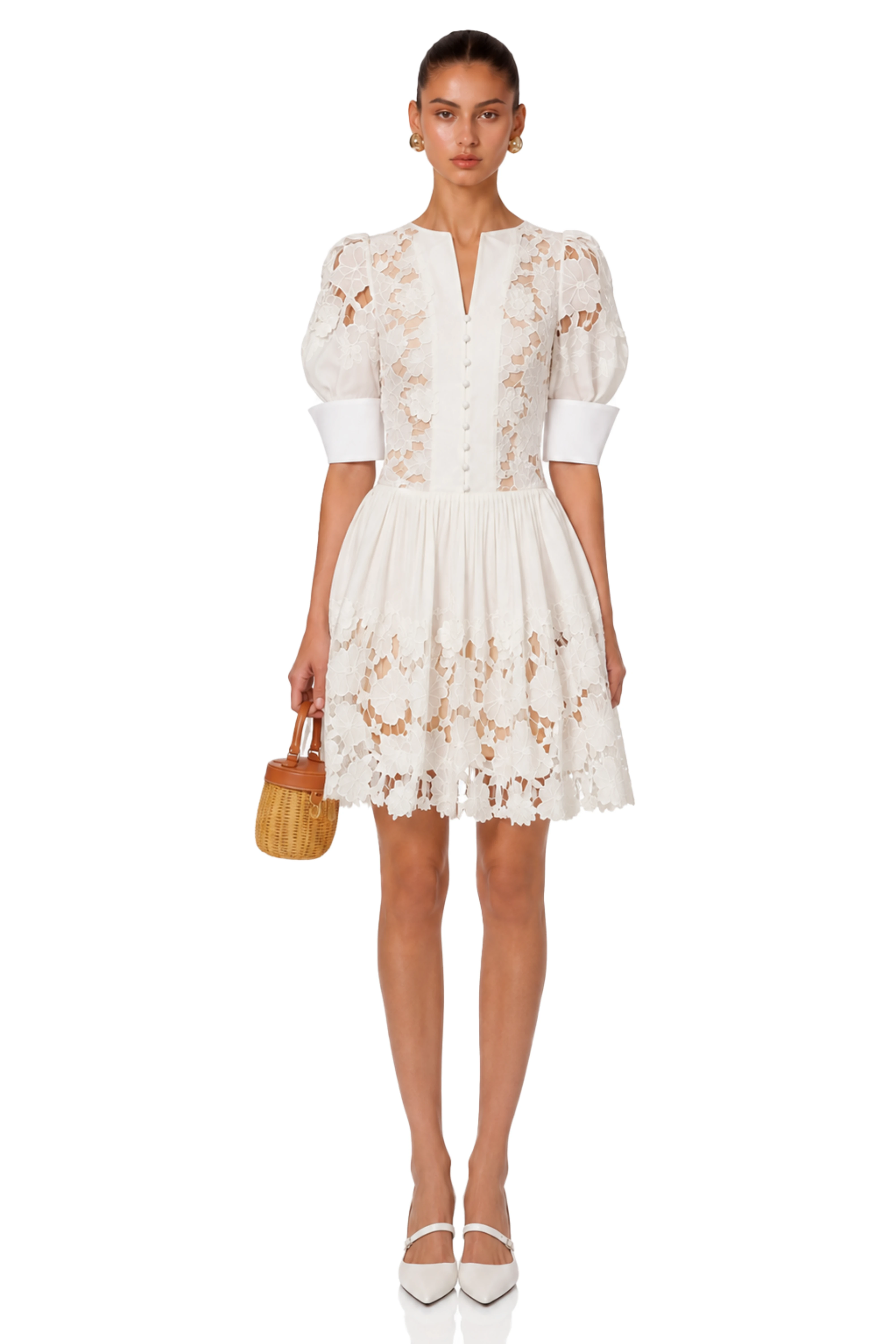Zaria White Floral Appliqué Mini Dress with Cut-Outs