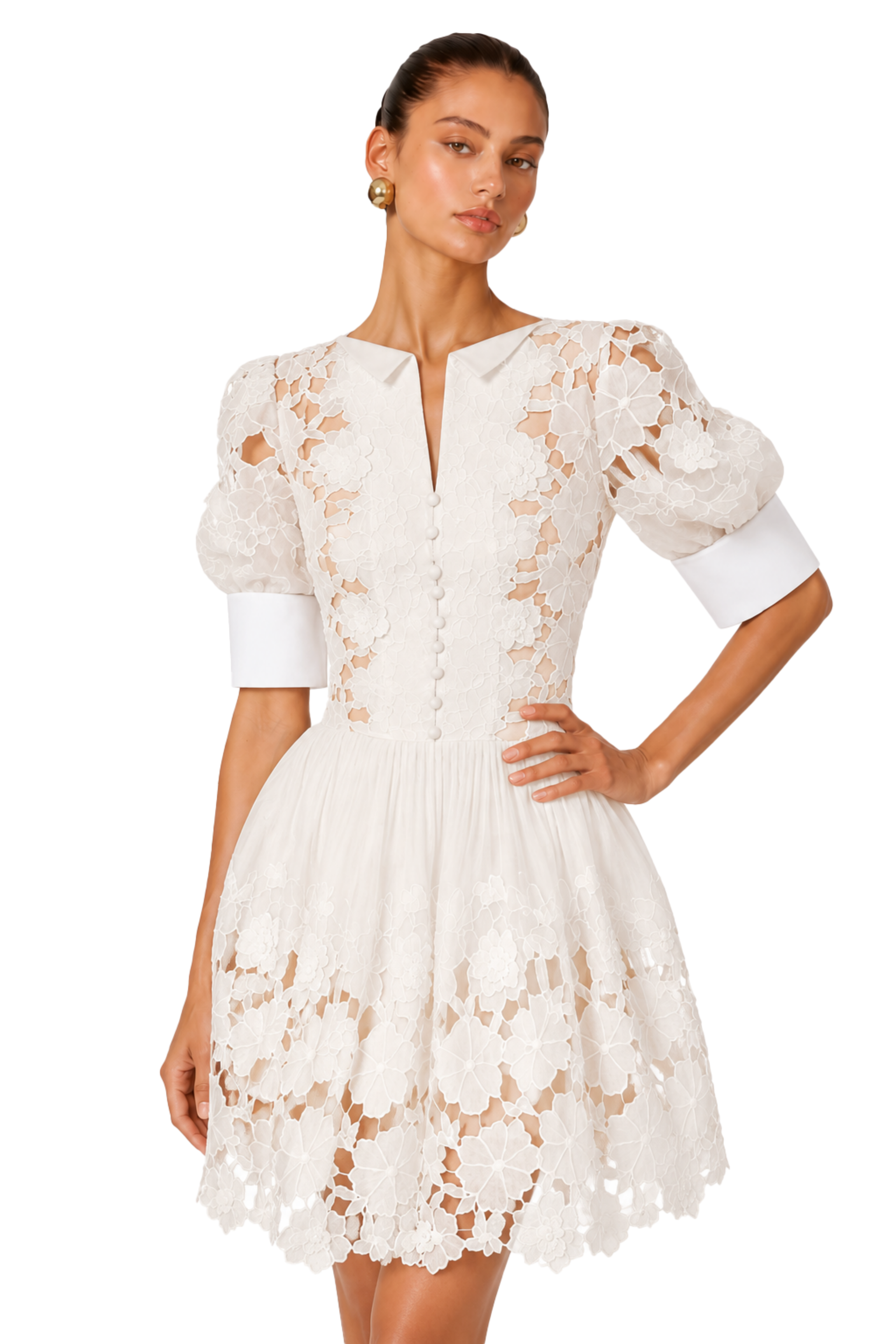 Zaria White Floral Appliqué Mini Dress with Cut-Outs