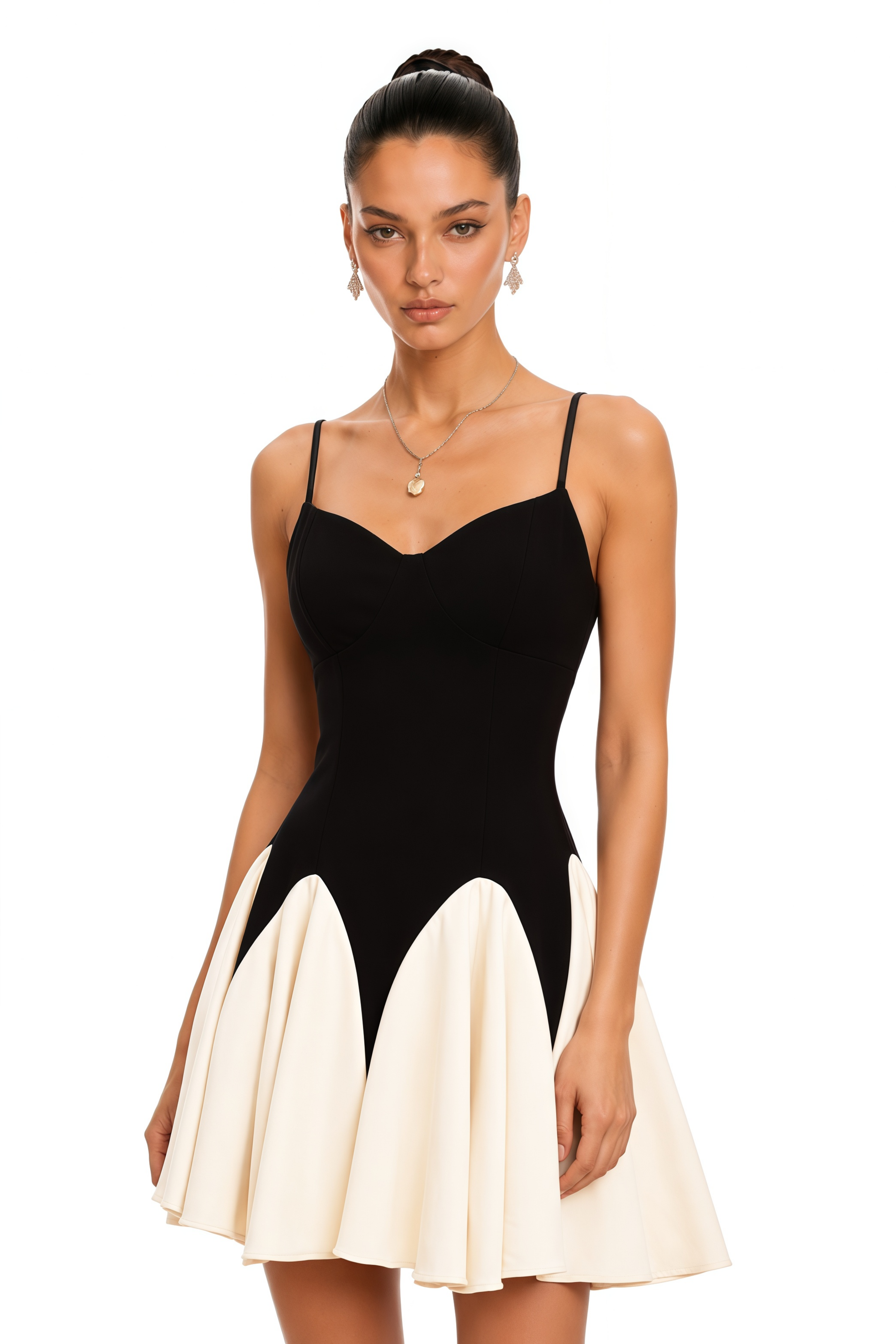 Justine color-blocked godet pleated mini dress