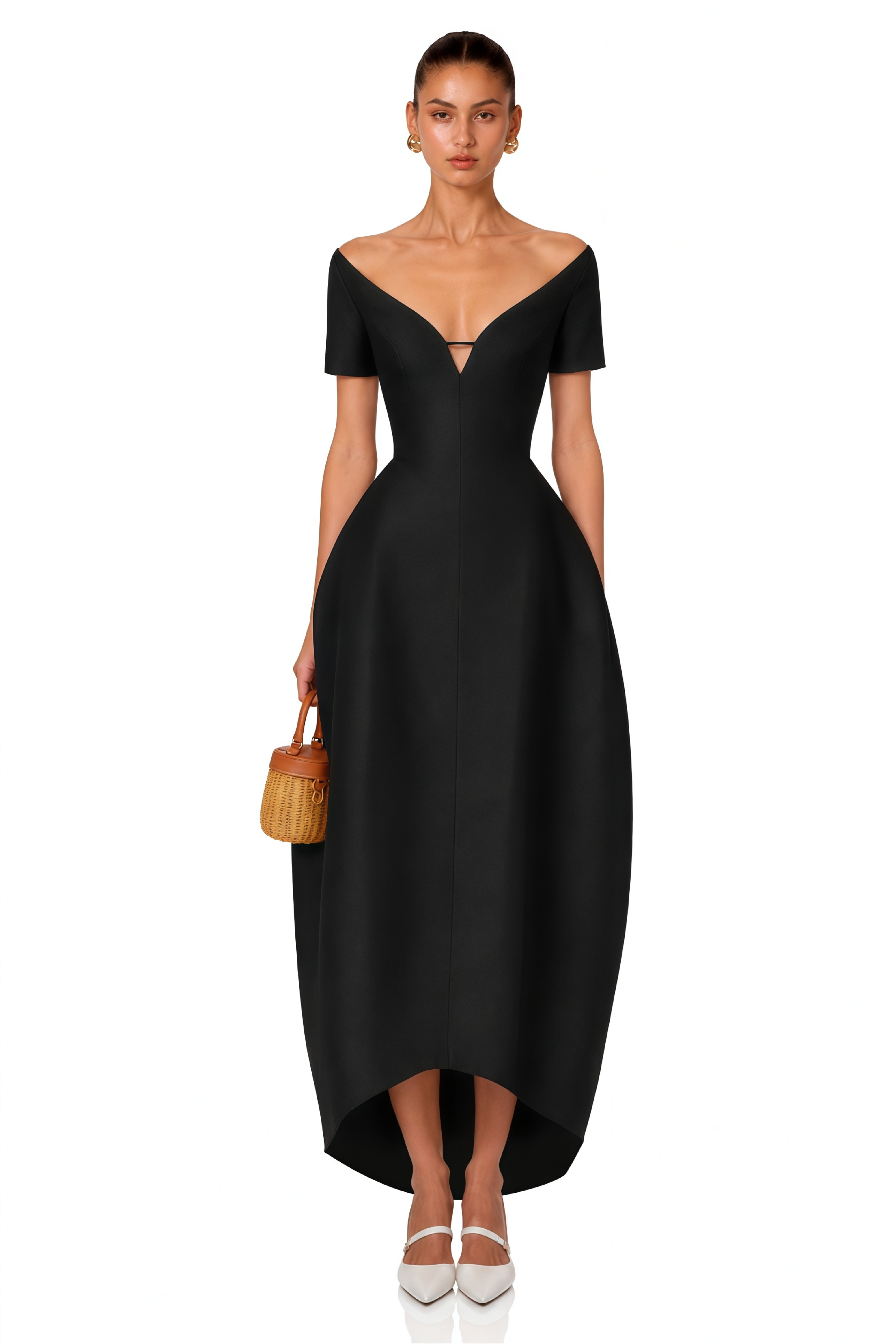 Heidi Black Plunge Neck Asymmetrical Midi Dress