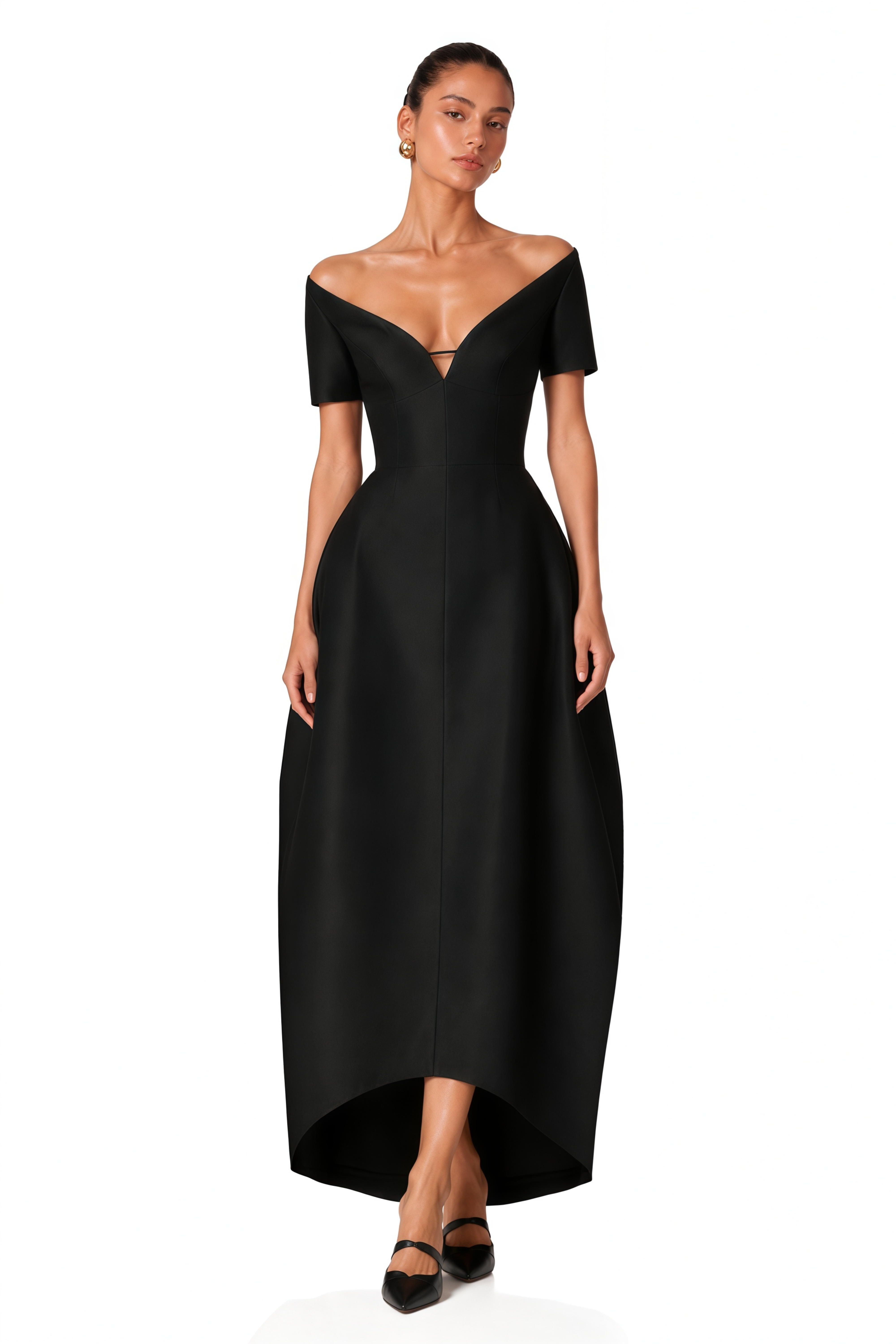 Heidi Black Plunge Neck Asymmetrical Midi Dress