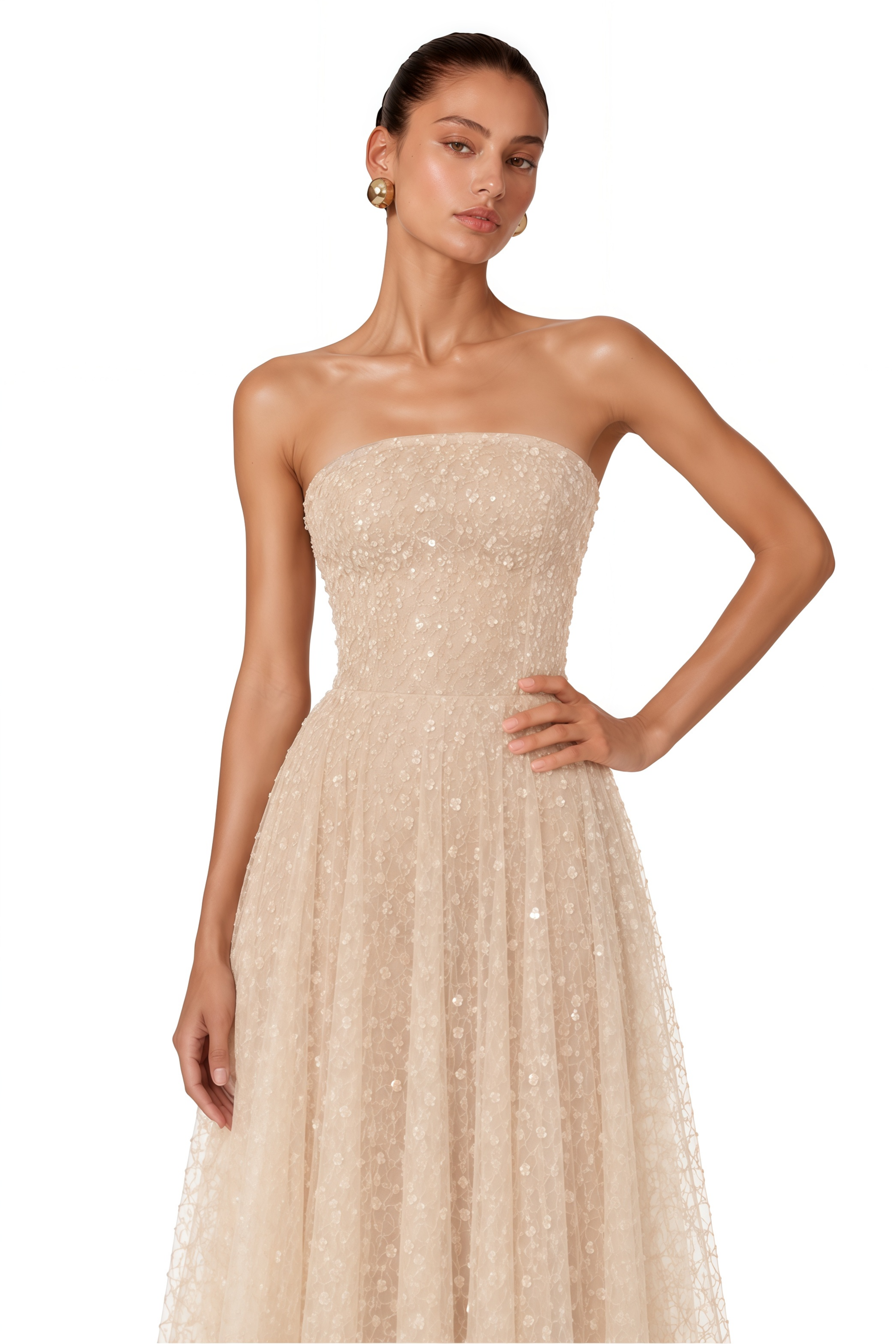Ginetta Neutral Sequined Floral Lace Maxi Dress