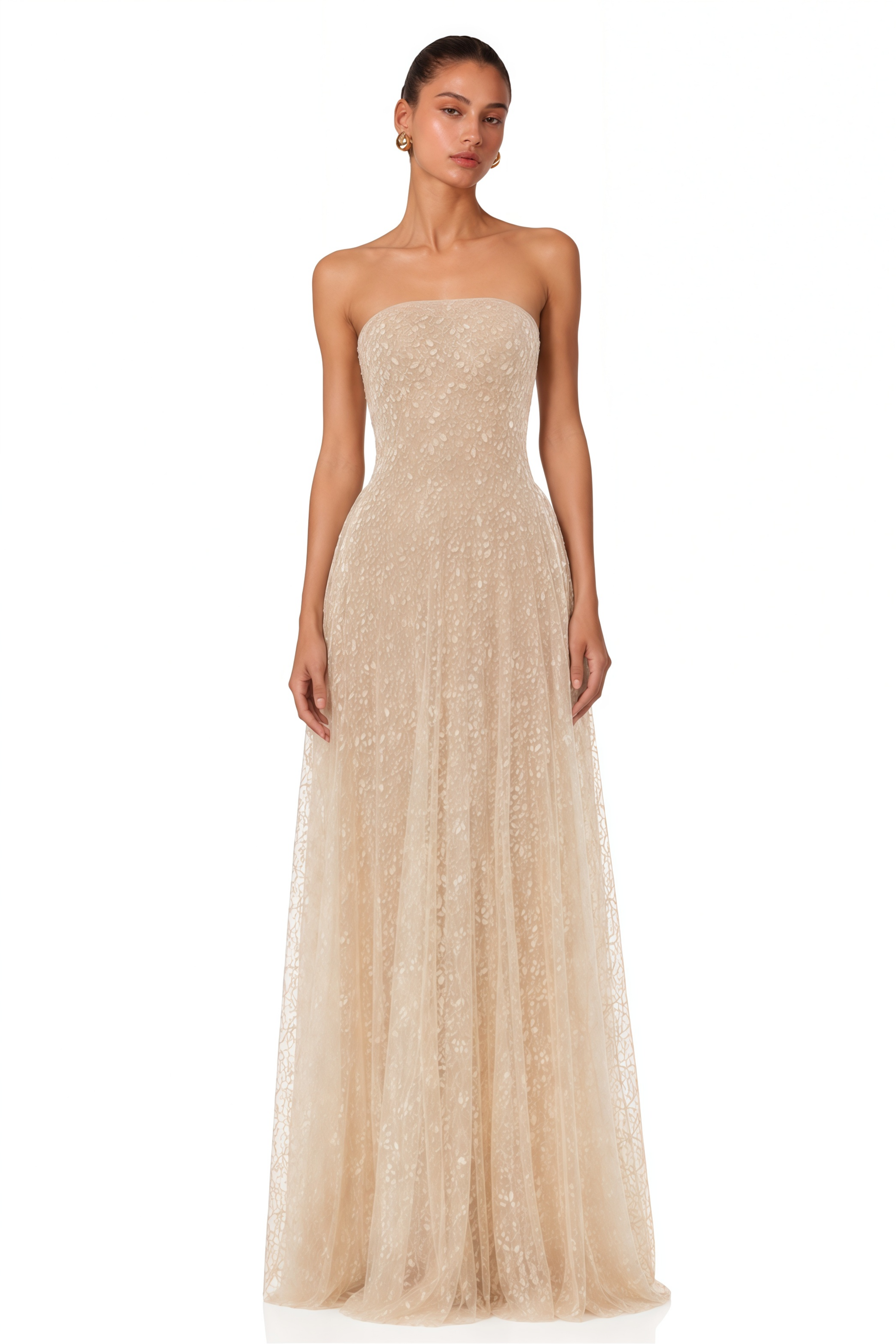 Ginetta Neutral Sequined Floral Lace Maxi Dress