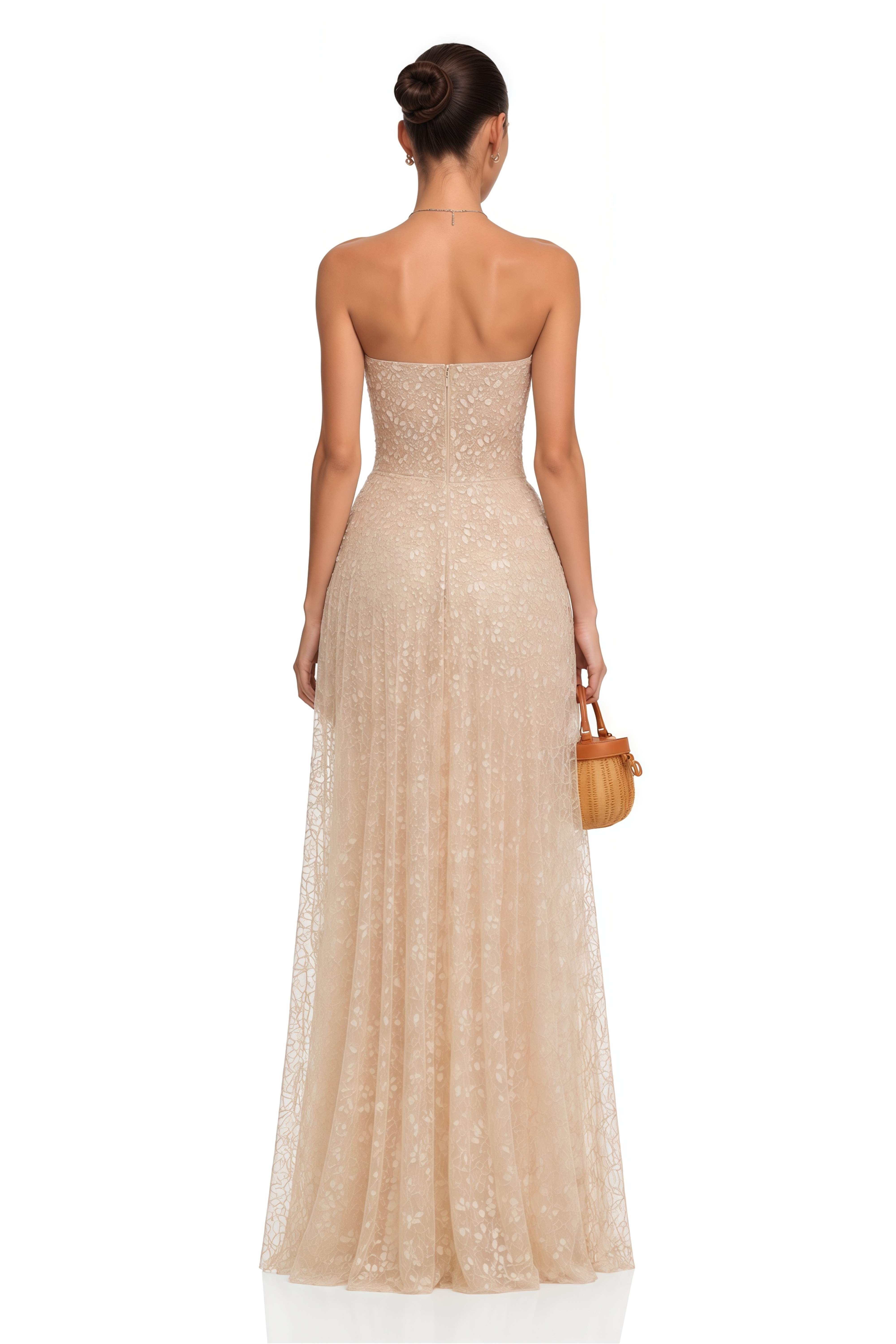 Ginetta Neutral Sequined Floral Lace Maxi Dress