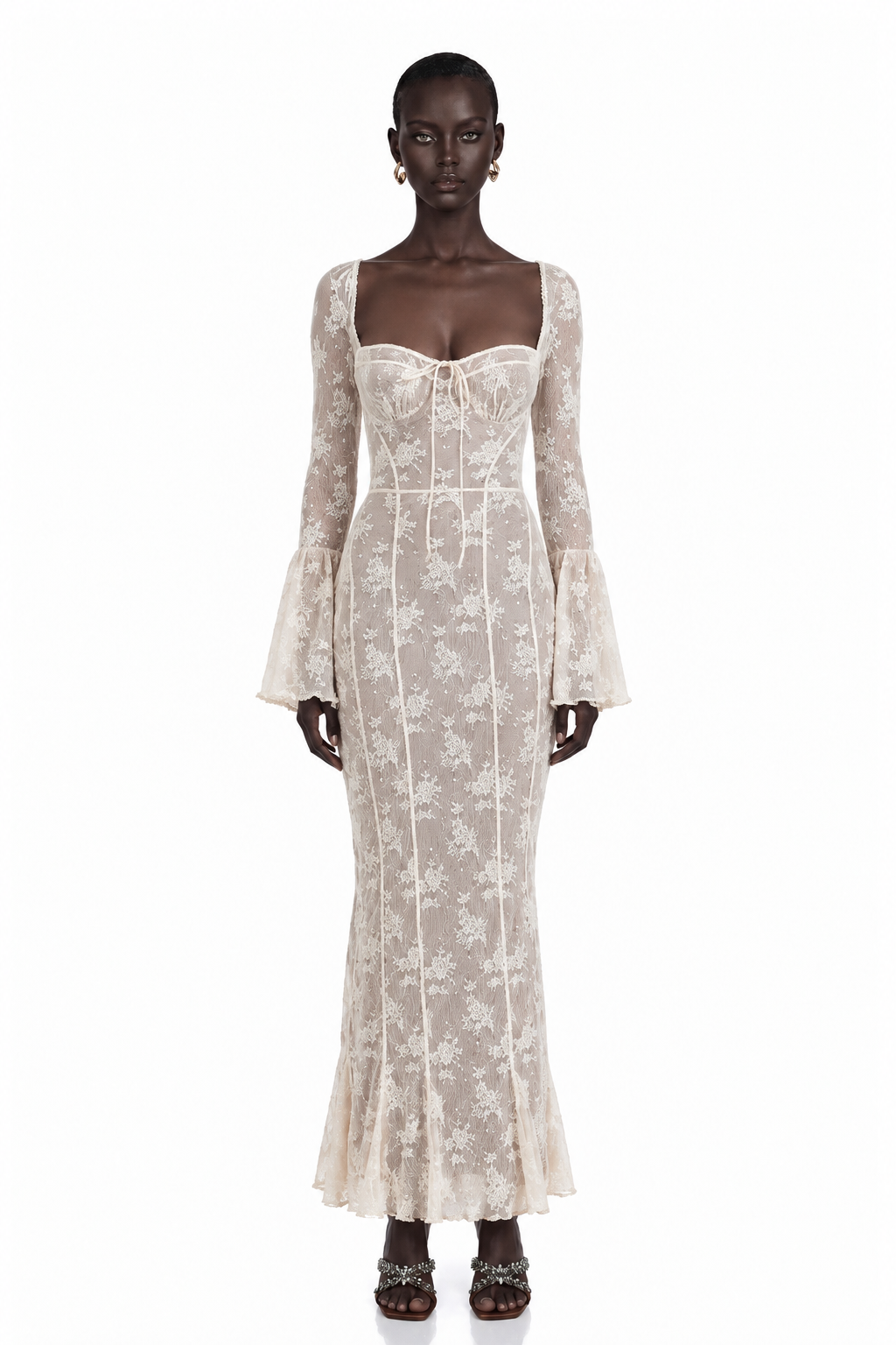 Marlene White Flared Lace Maxi Dress