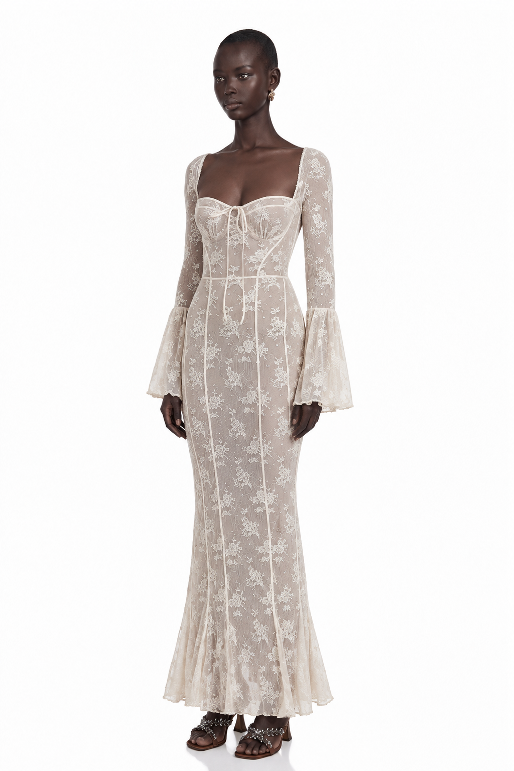 Marlene White Flared Lace Maxi Dress