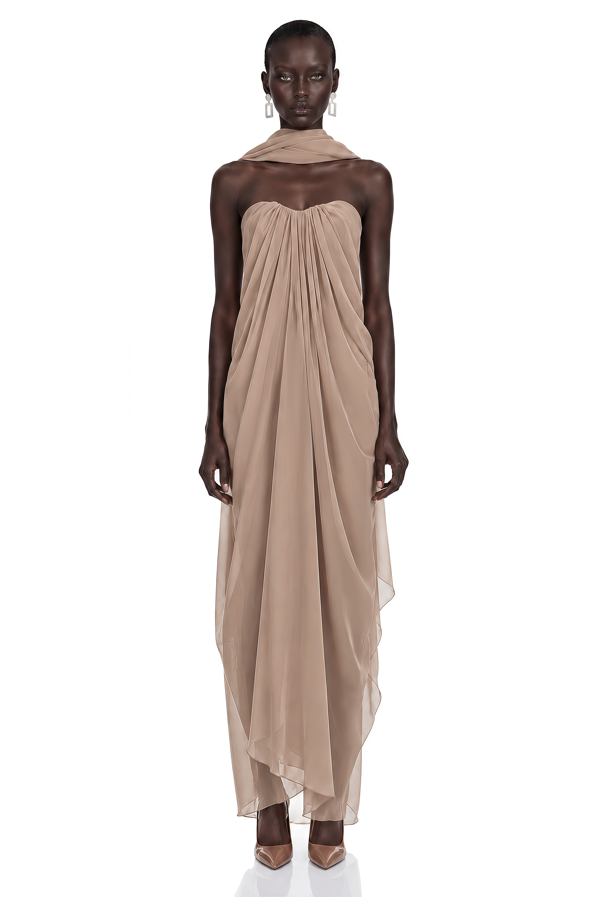 Chaya Brown Draped Strapless Scarf-Neck Maxi Dress