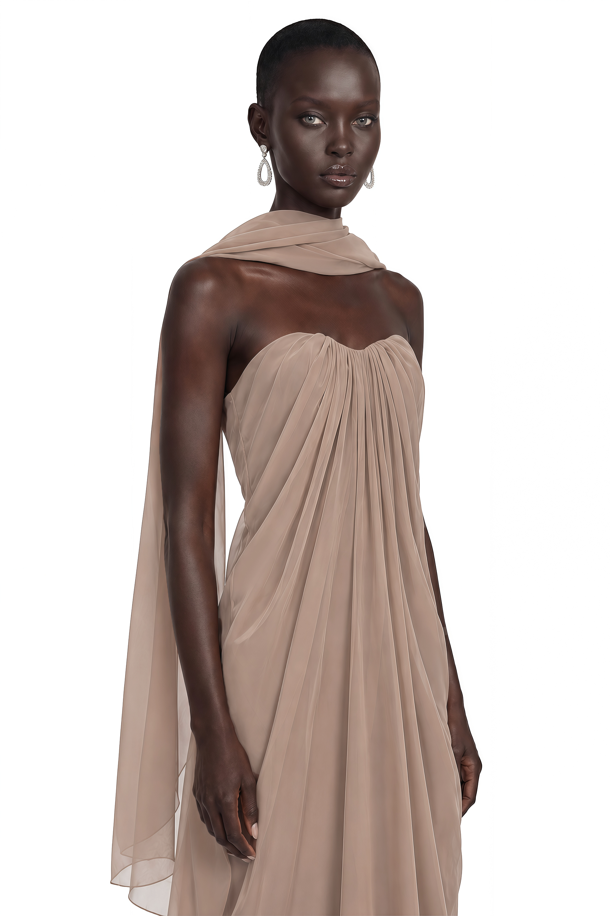 Chaya Brown Draped Strapless Scarf-Neck Maxi Dress