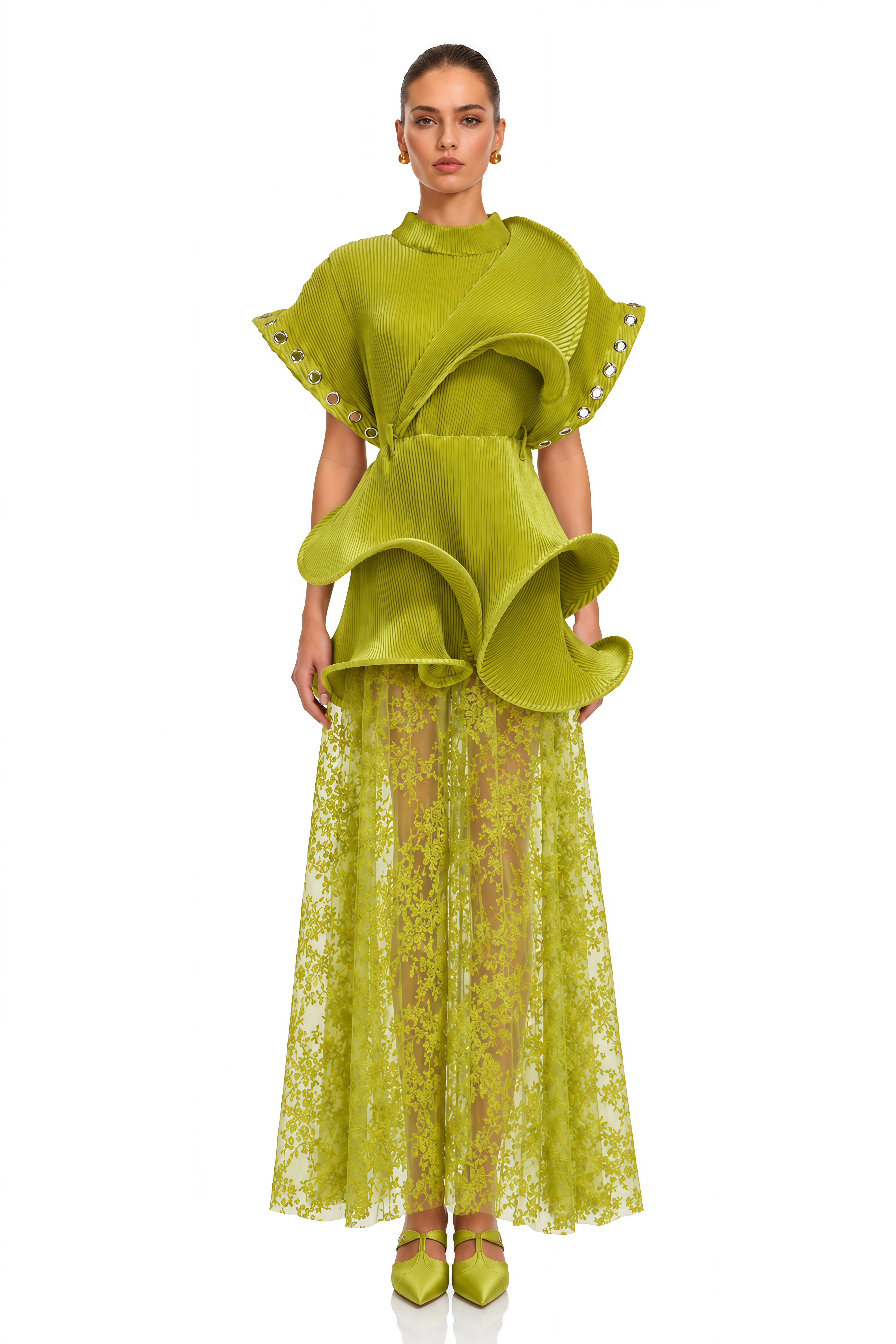 Cheyenne Lime Green Sculptural Pleated Top & Lace Maxi Skirt Set
