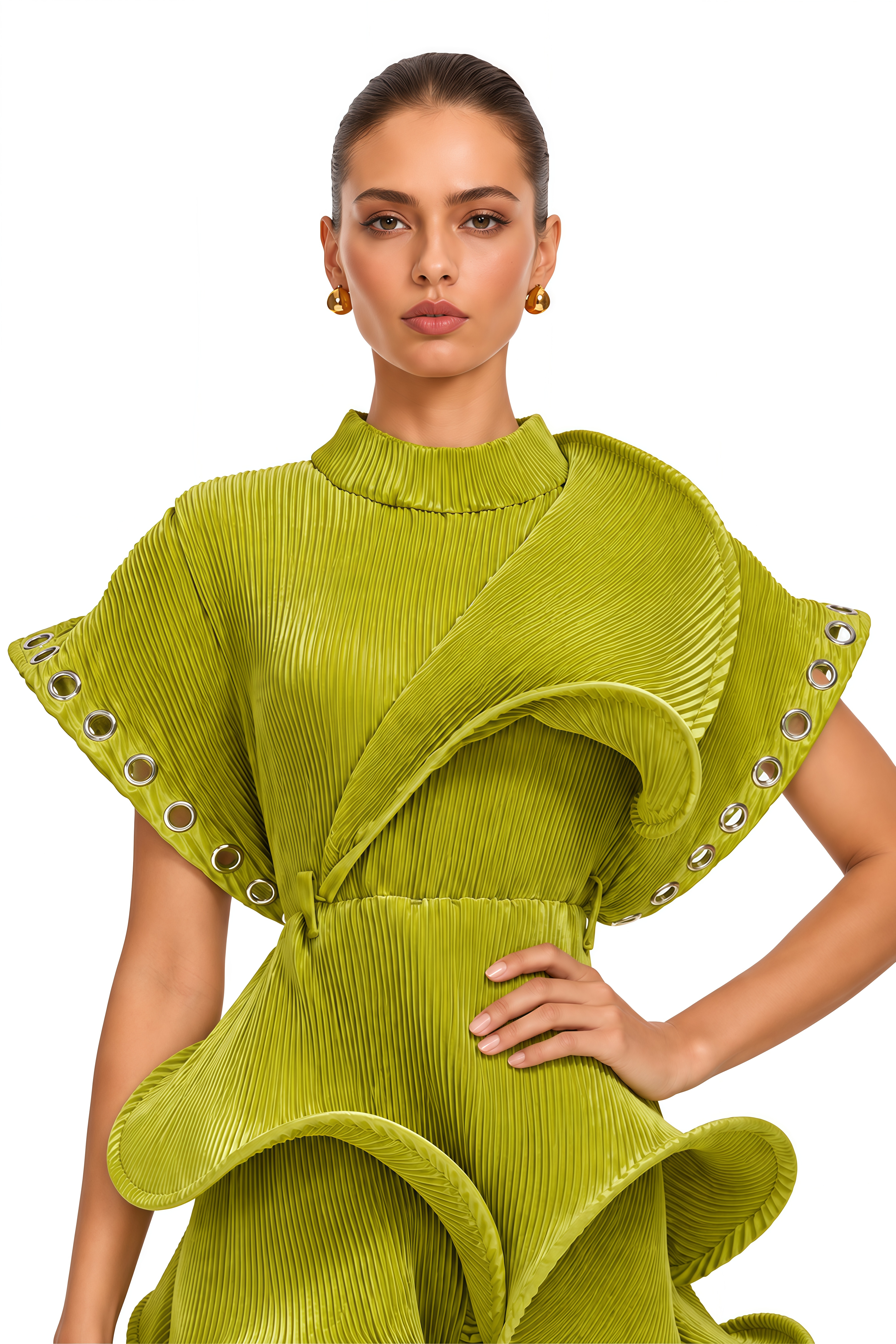 Cheyenne Lime Green Sculptural Pleated Top & Lace Maxi Skirt Set