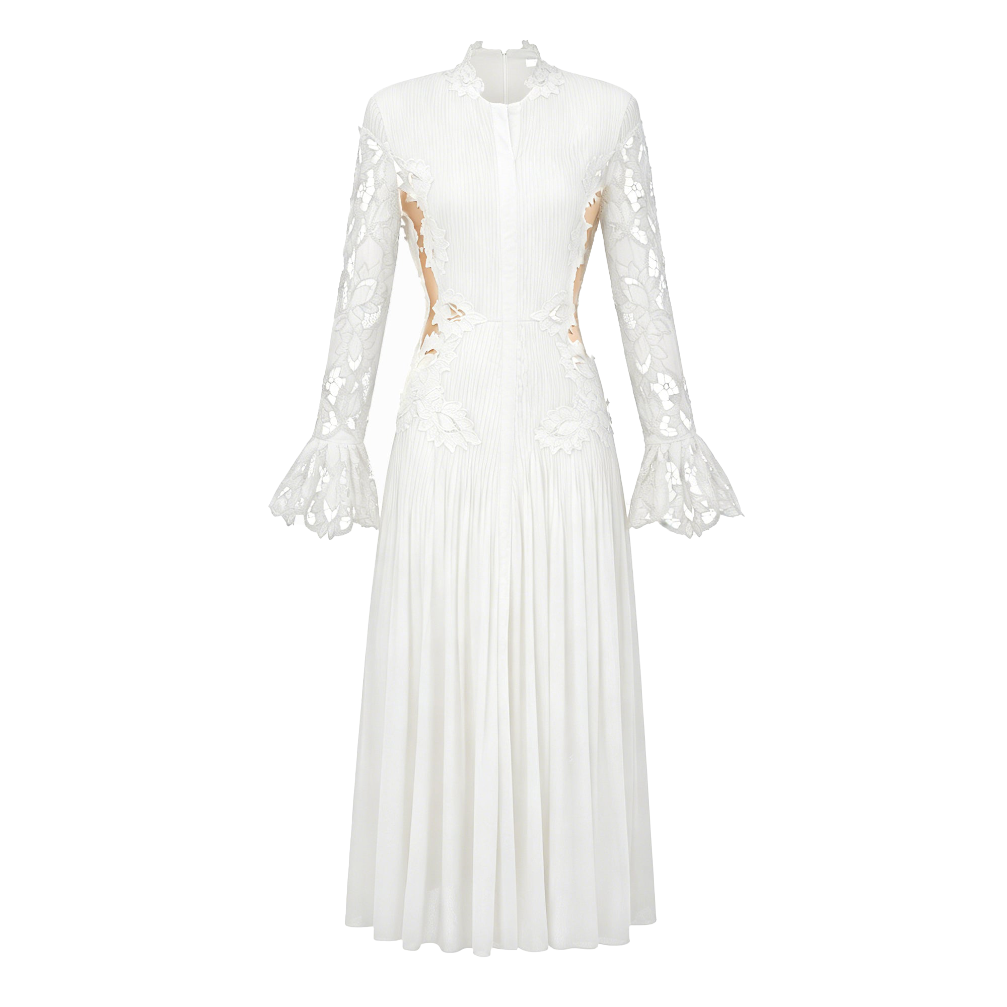 Chiara White Lace Panel Pleated Midi Dress