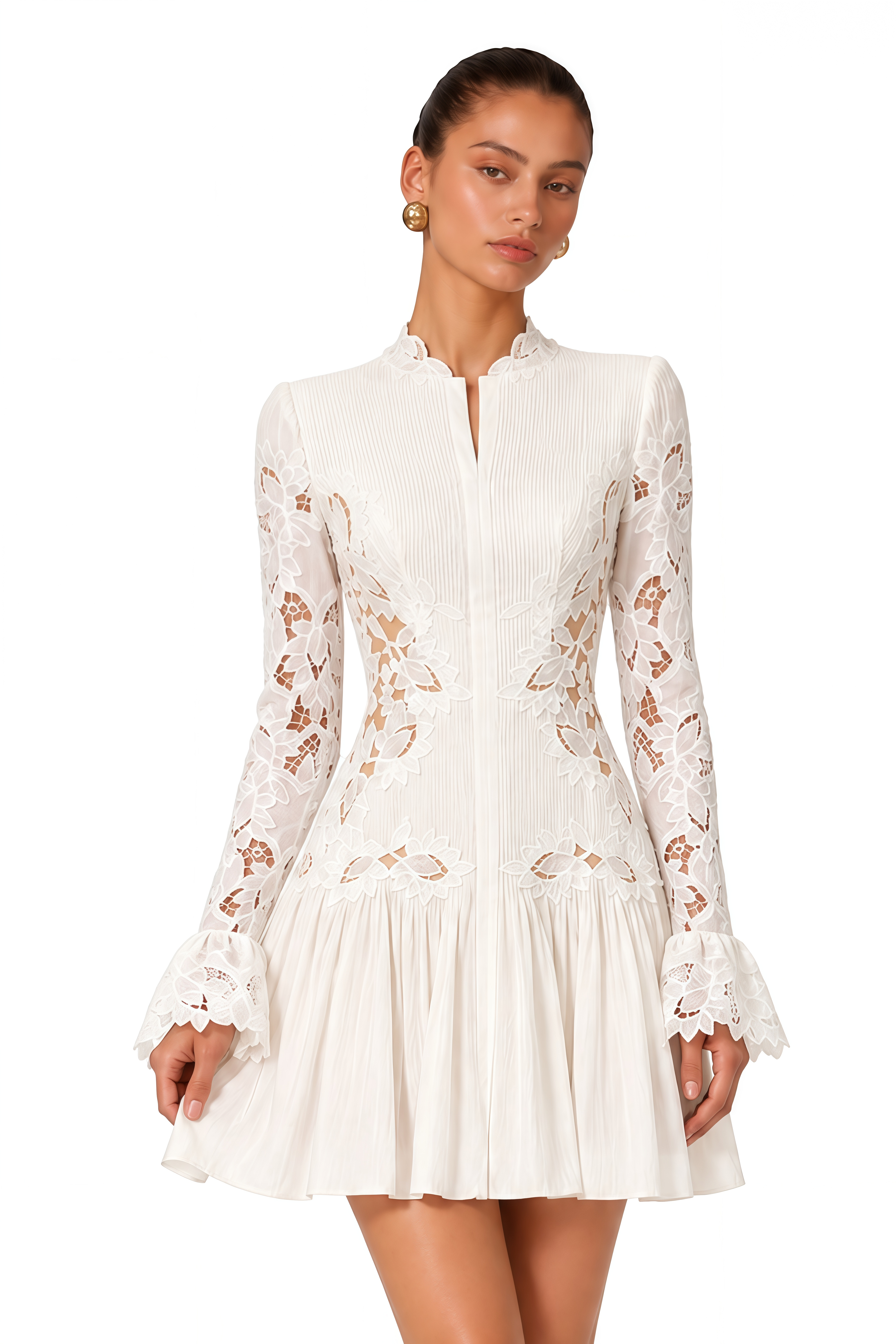 Chiara White Lace Panel Pleated Mini Dress