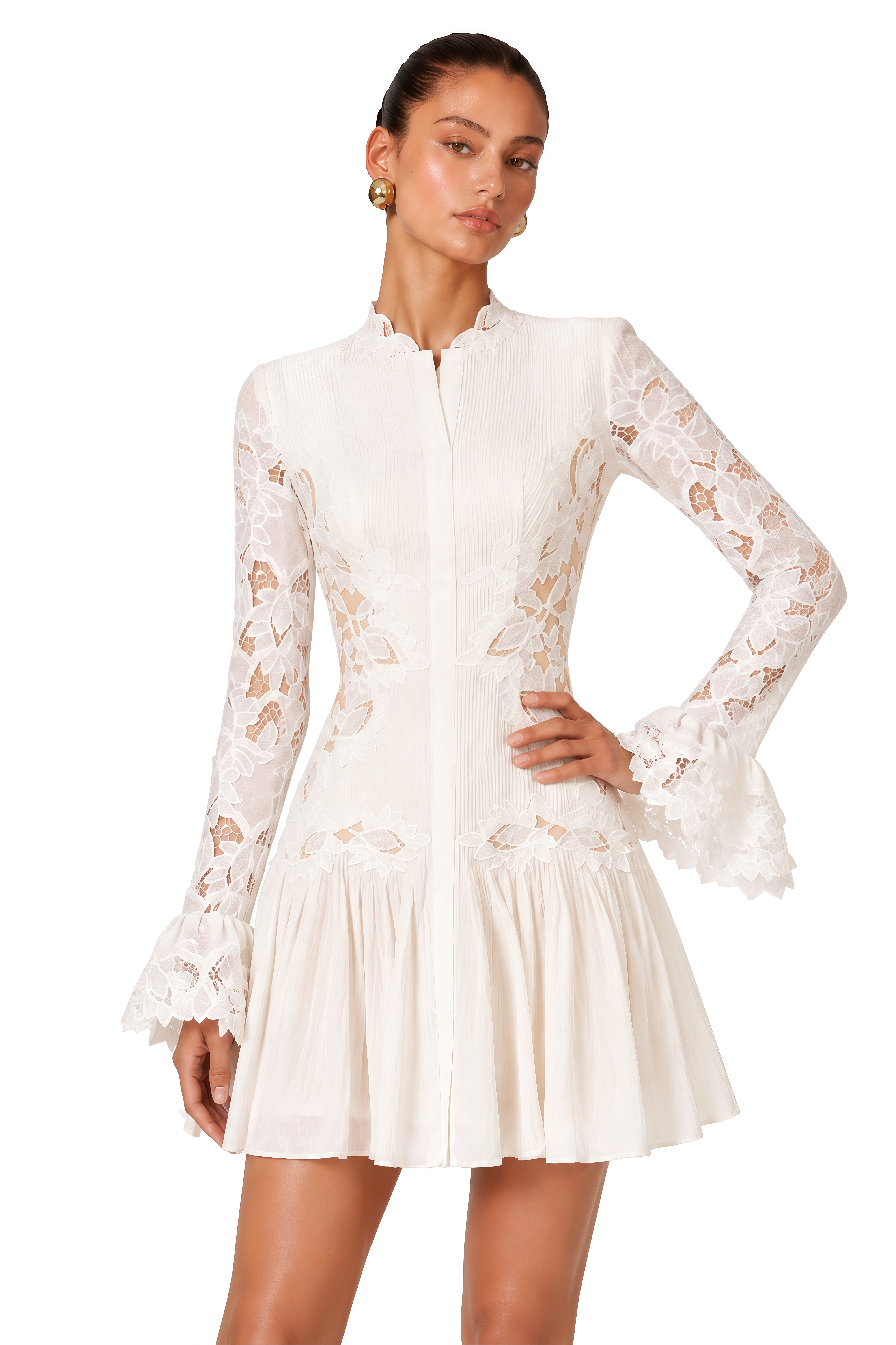 Chiara White Lace Panel Pleated Mini Dress