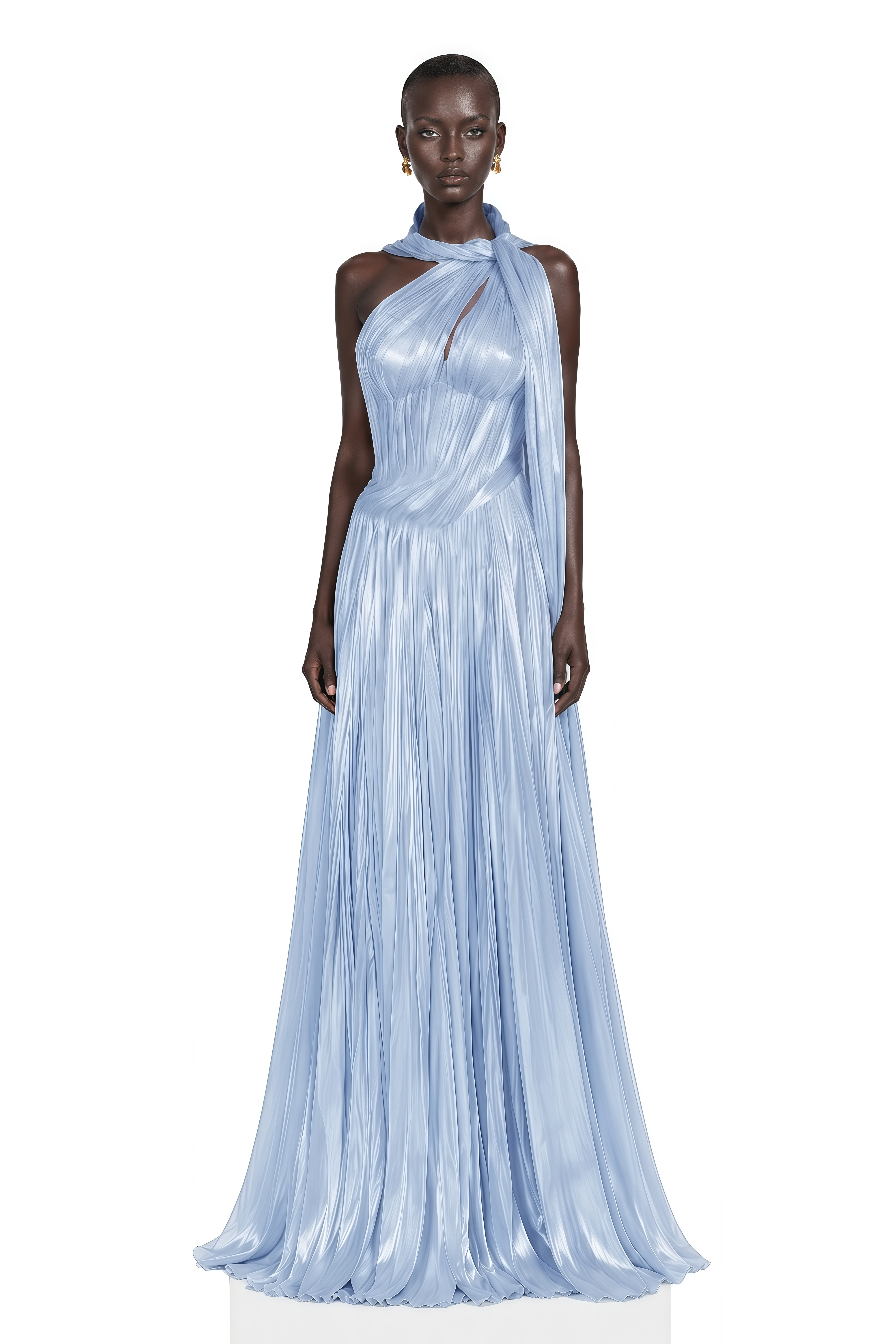 Chiara Blue Asymmetrical Pleated Maxi Dress