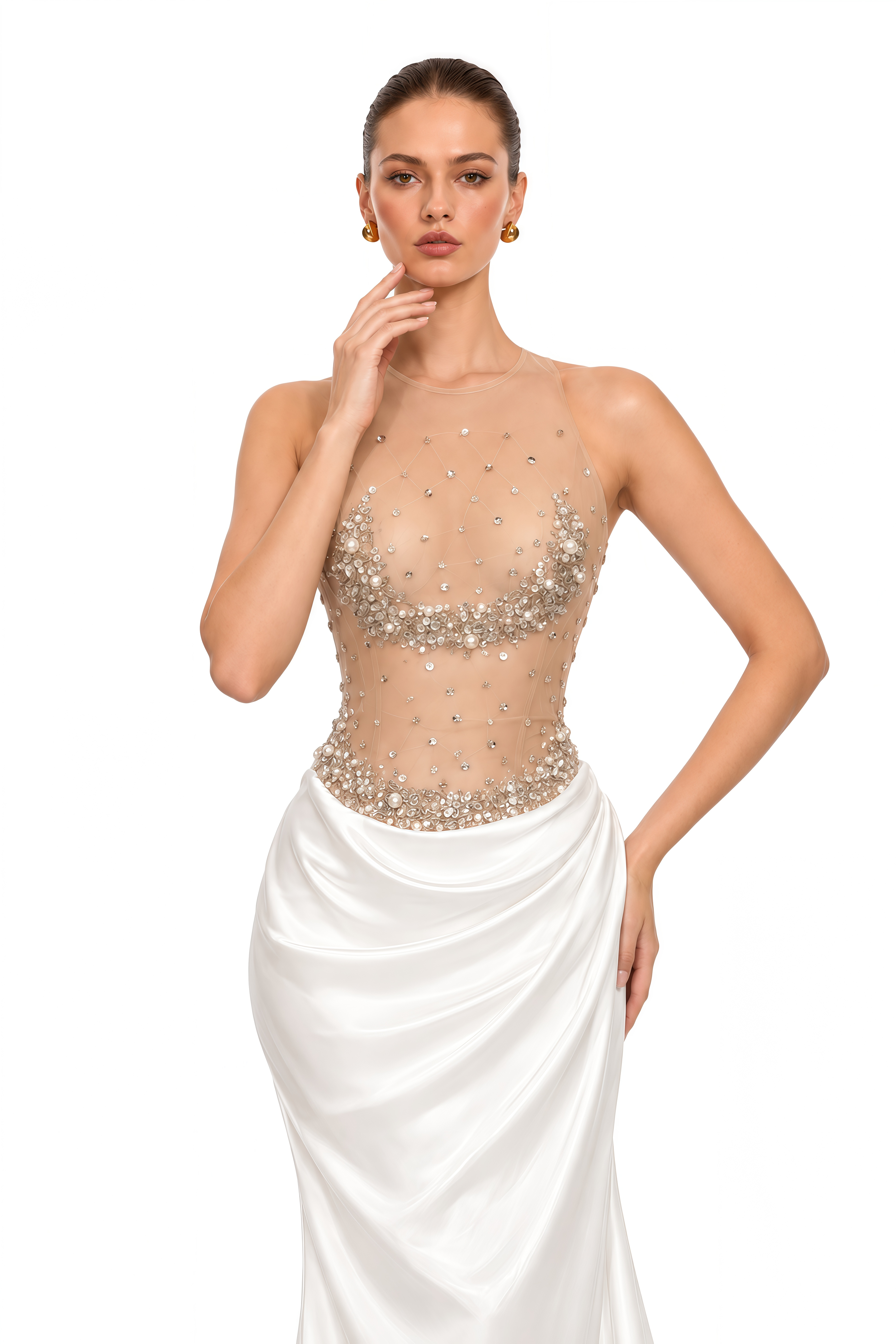 Chloe Ivory Embellished Sheer Bodice Satin Maxi Dress