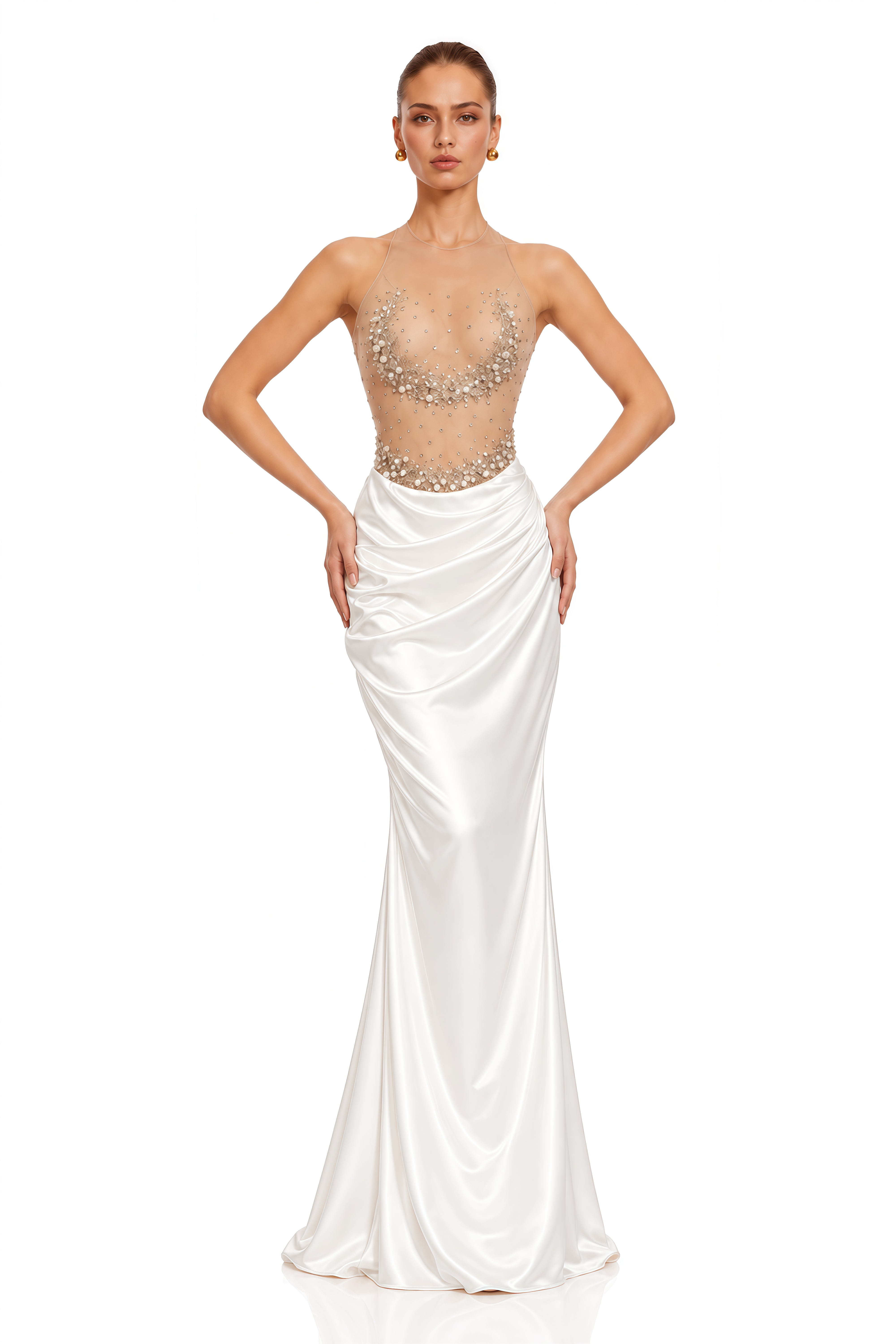 Chloe Ivory Embellished Sheer Bodice Satin Maxi Dress