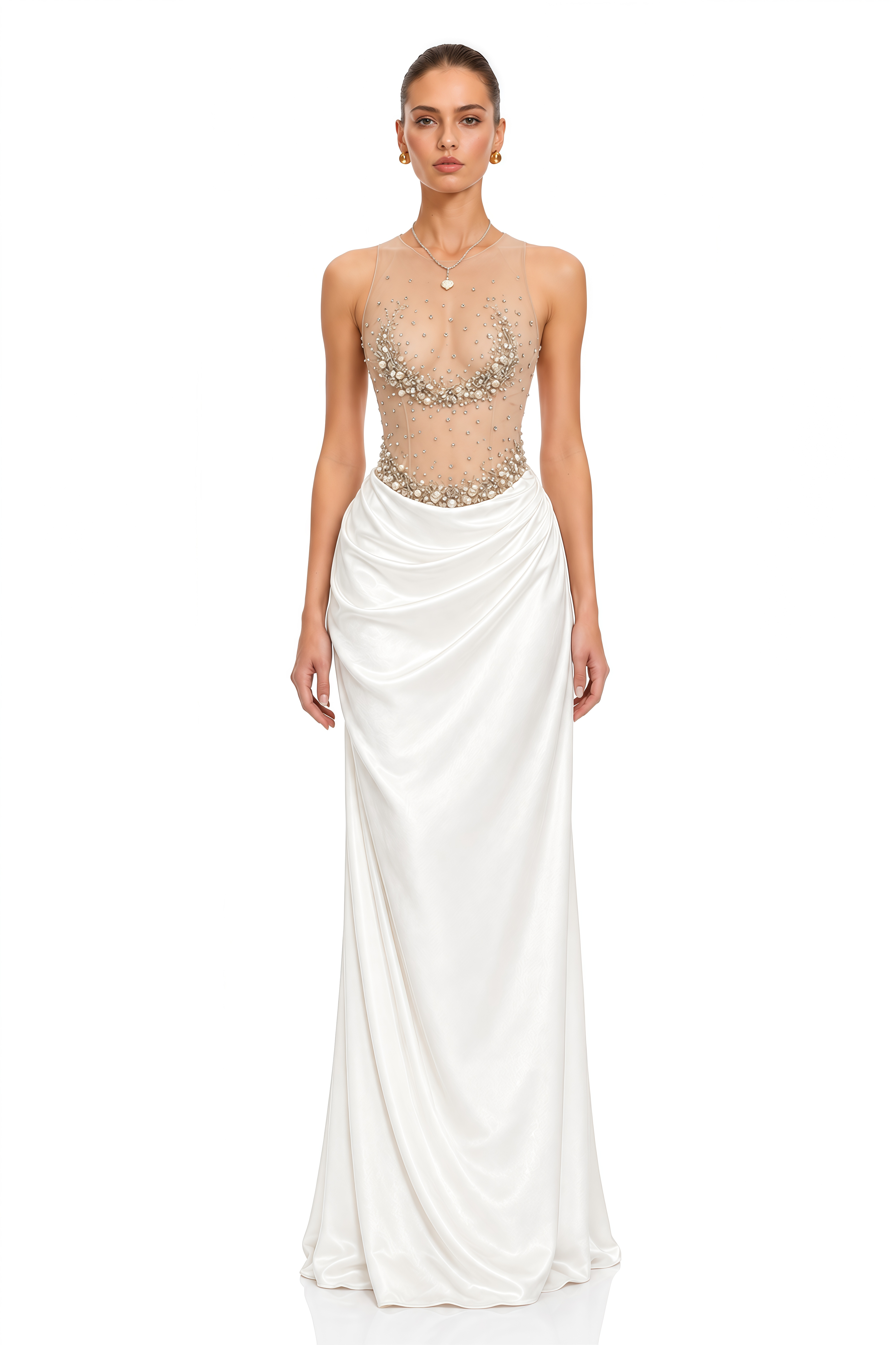 Chloe Ivory Embellished Sheer Bodice Satin Maxi Dress