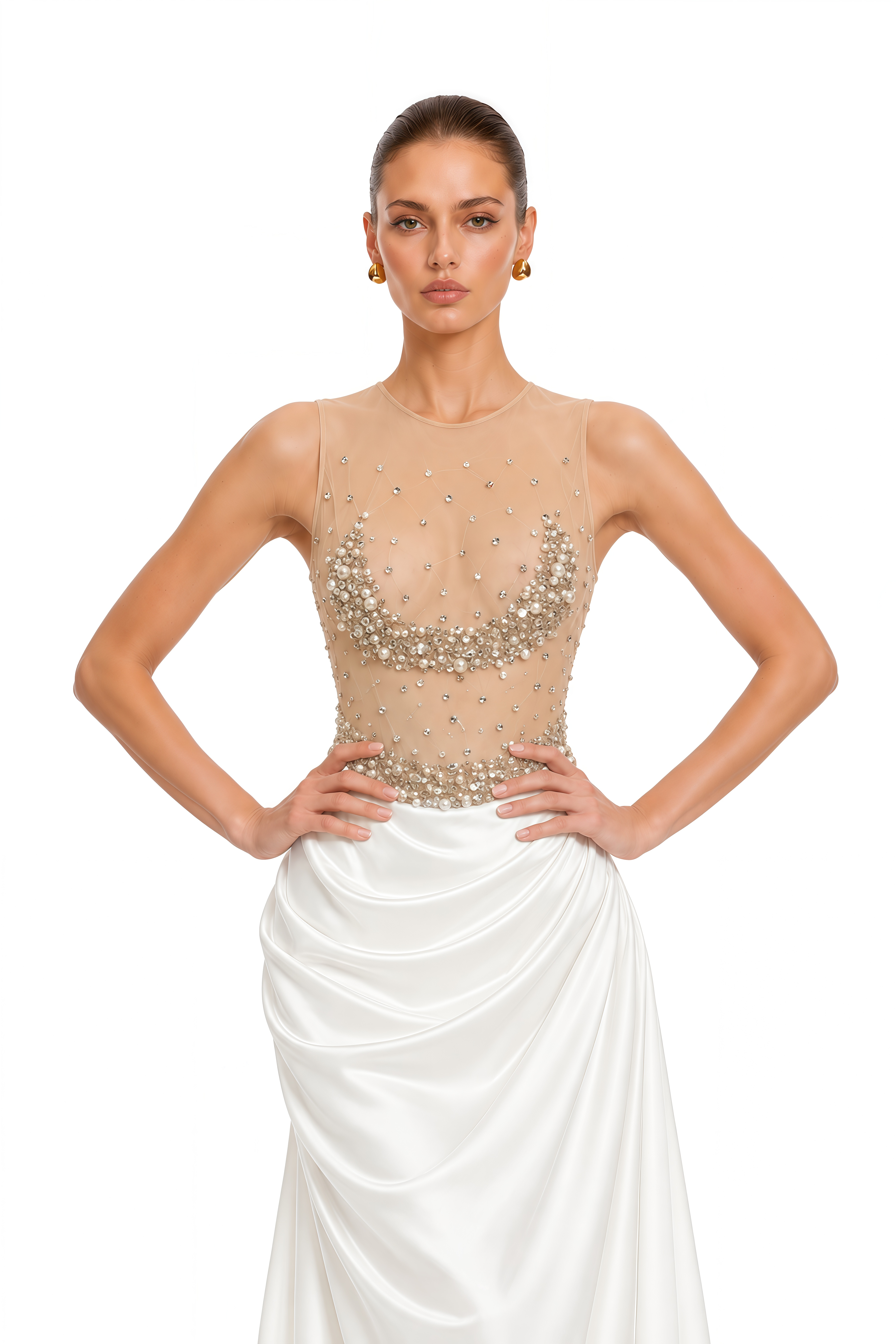 Chloe Ivory Embellished Sheer Bodice Satin Maxi Dress
