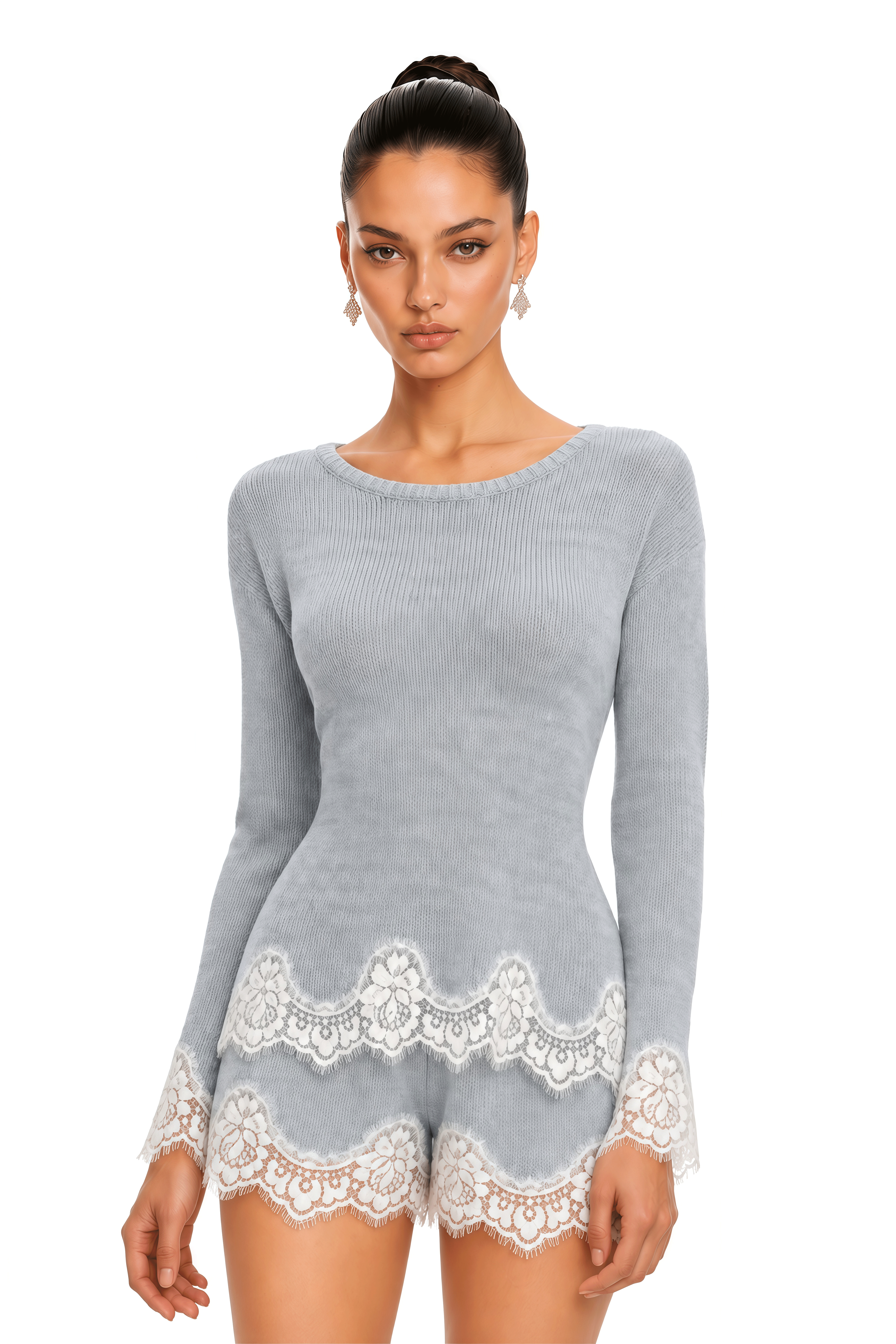 Cierra Light Grey Lace Trim Knit Top & Shorts Set