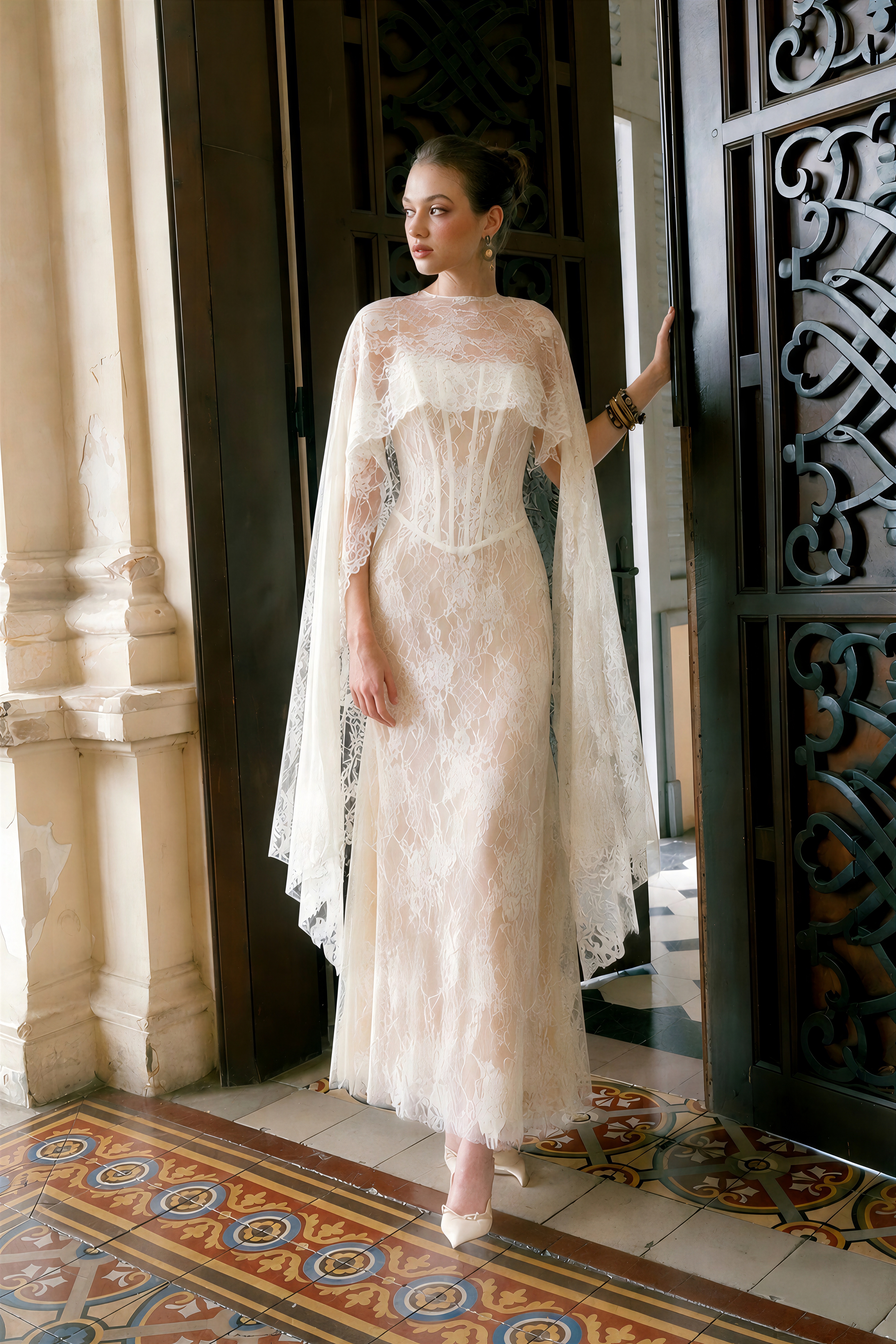 Cinzia Beige Sweetheart Lace Maxi Dress