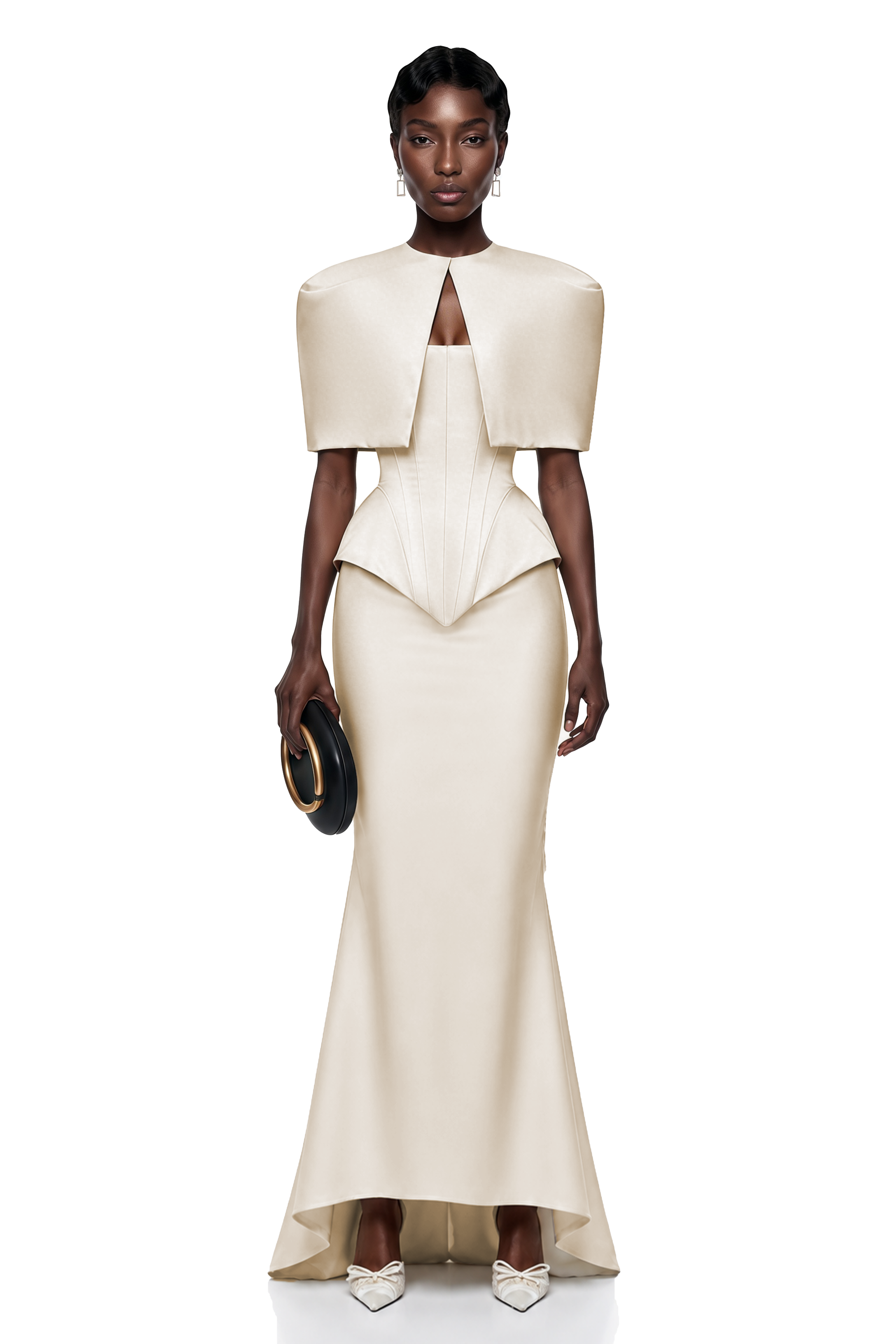 Clara White Corset Top & Skirt Set With Cape