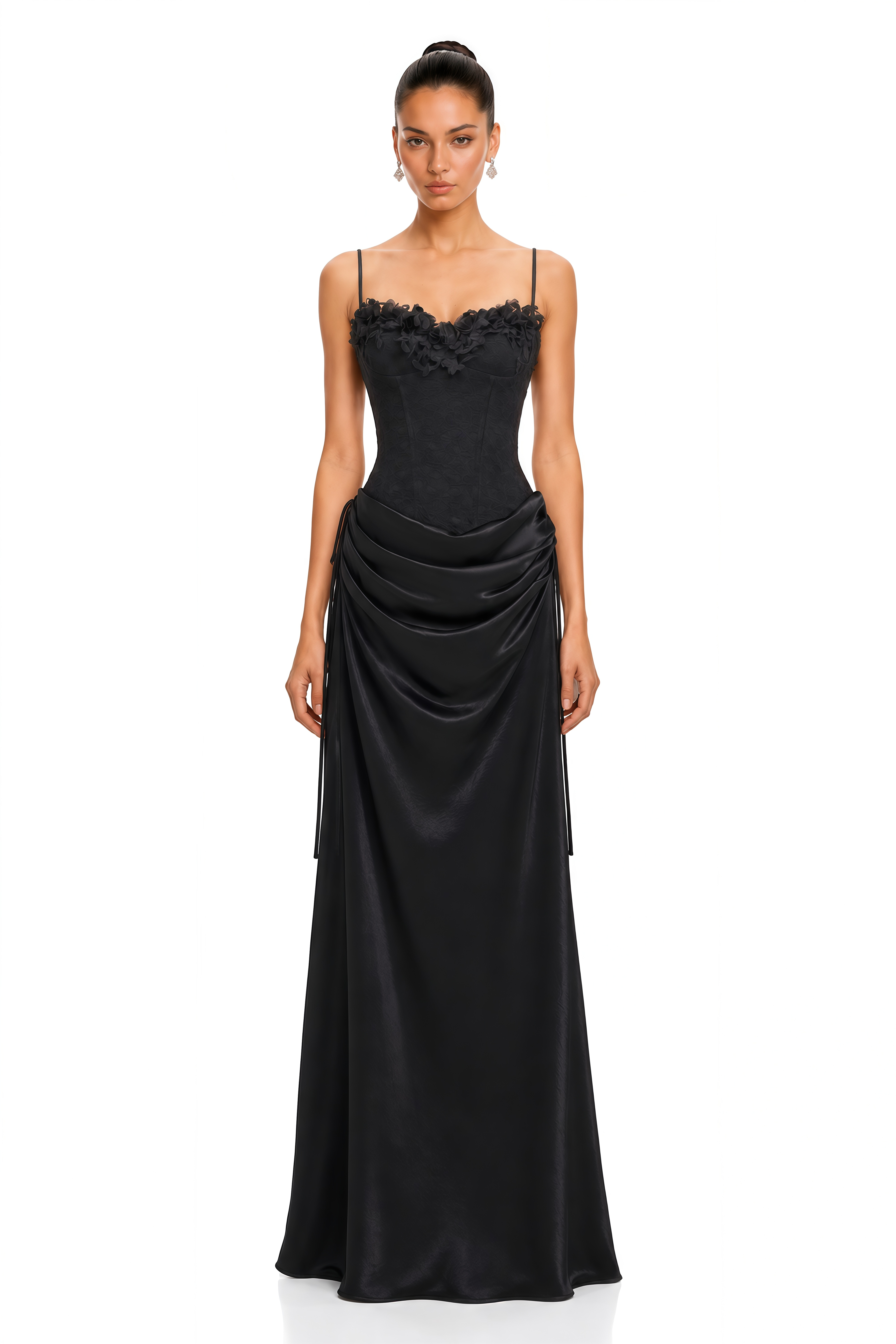 Claribel Black Lace Spaghetti Strap Draped Maxi Dress