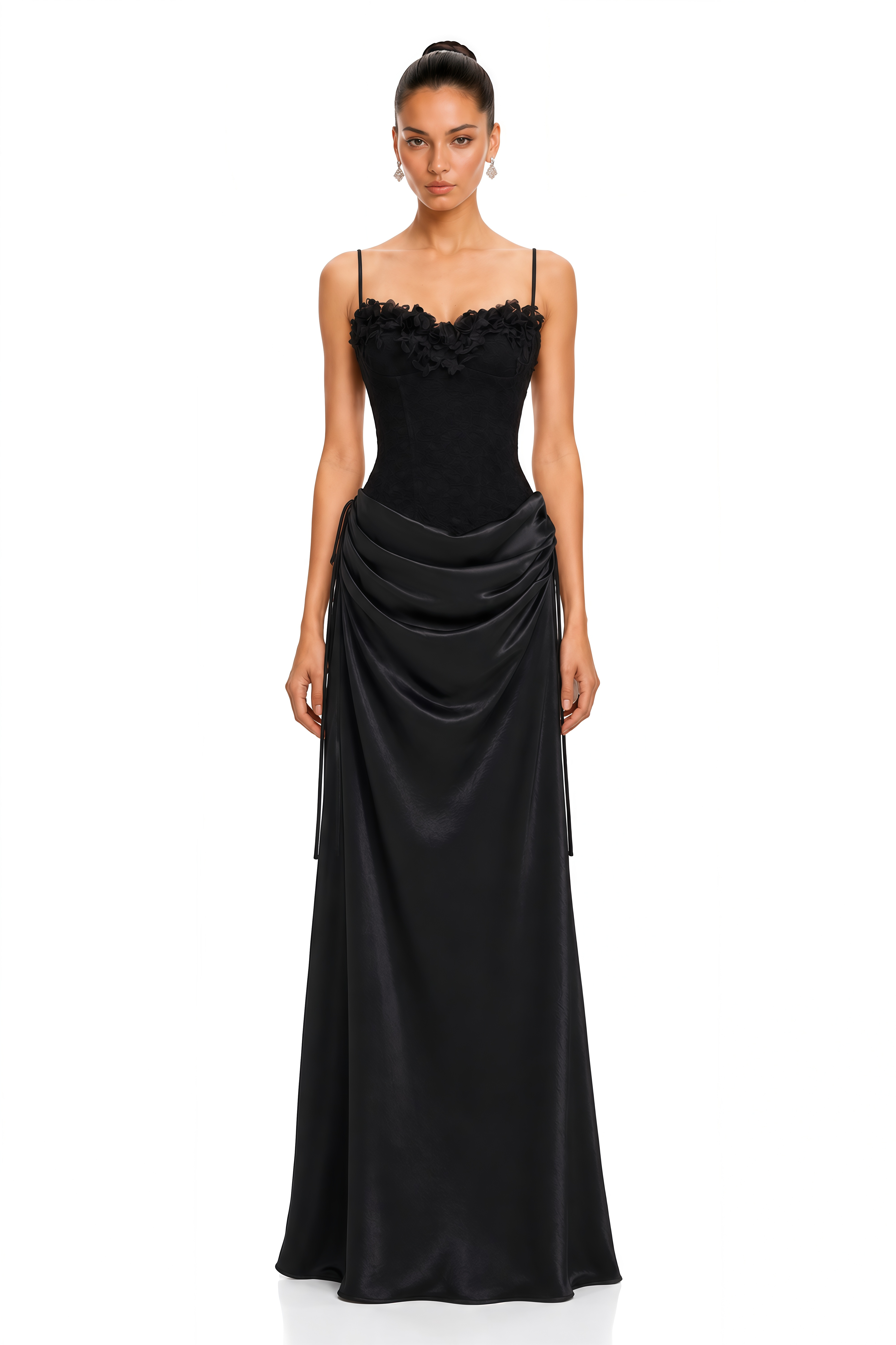 Claribel Black Lace Spaghetti Strap Draped Maxi Dress