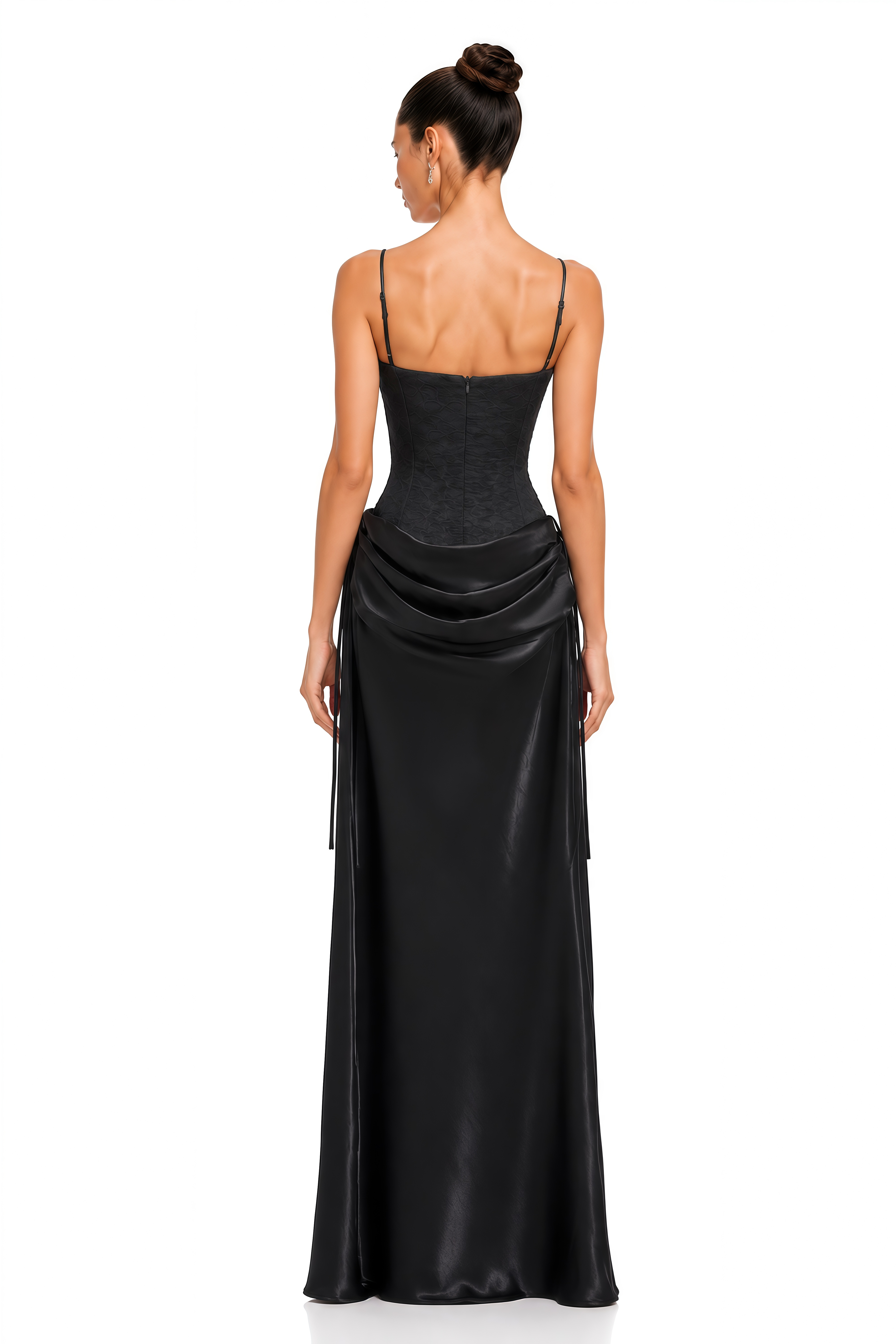 Claribel Black Lace Spaghetti Strap Draped Maxi Dress