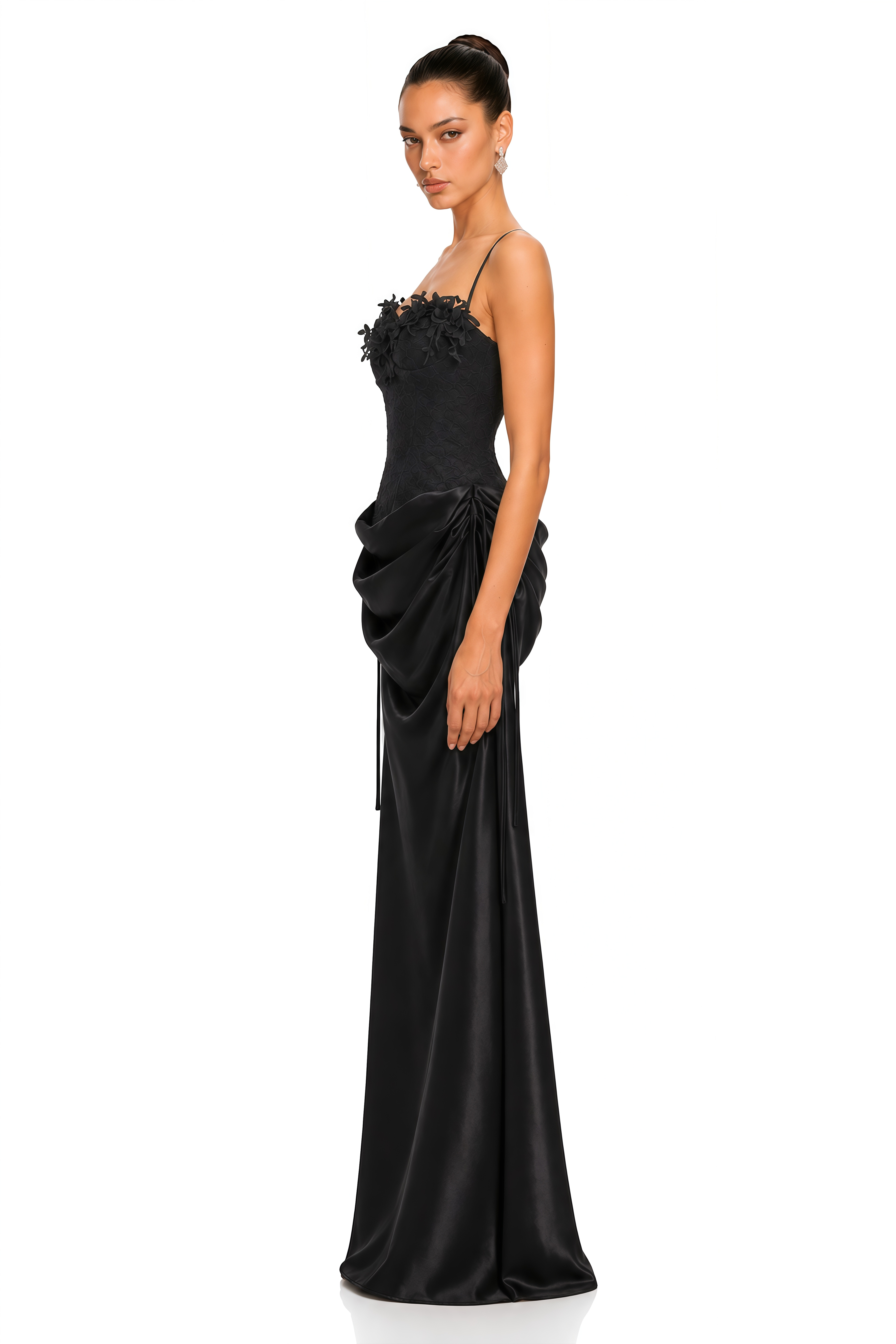 Claribel Black Lace Spaghetti Strap Draped Maxi Dress