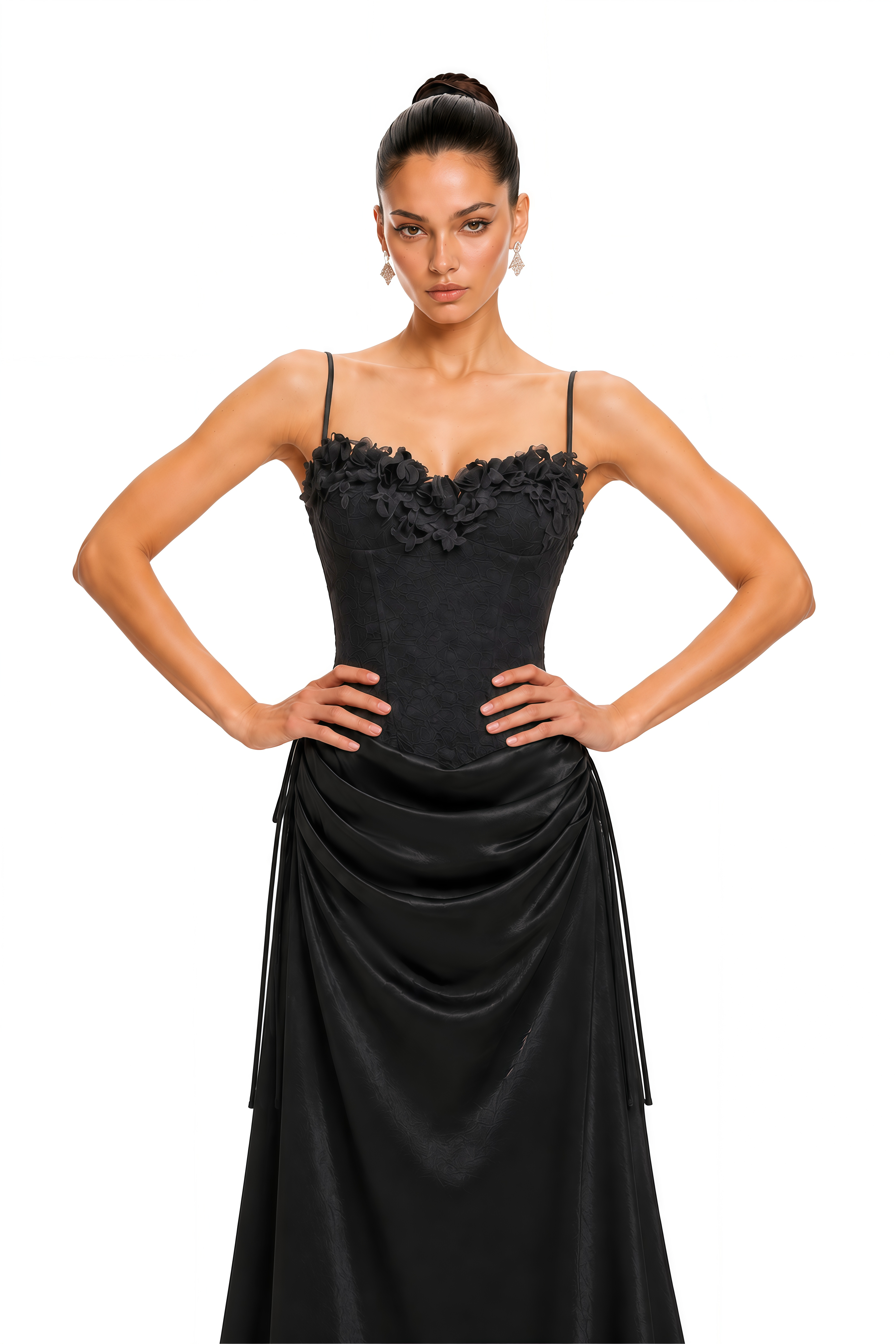 Claribel Black Lace Spaghetti Strap Draped Maxi Dress