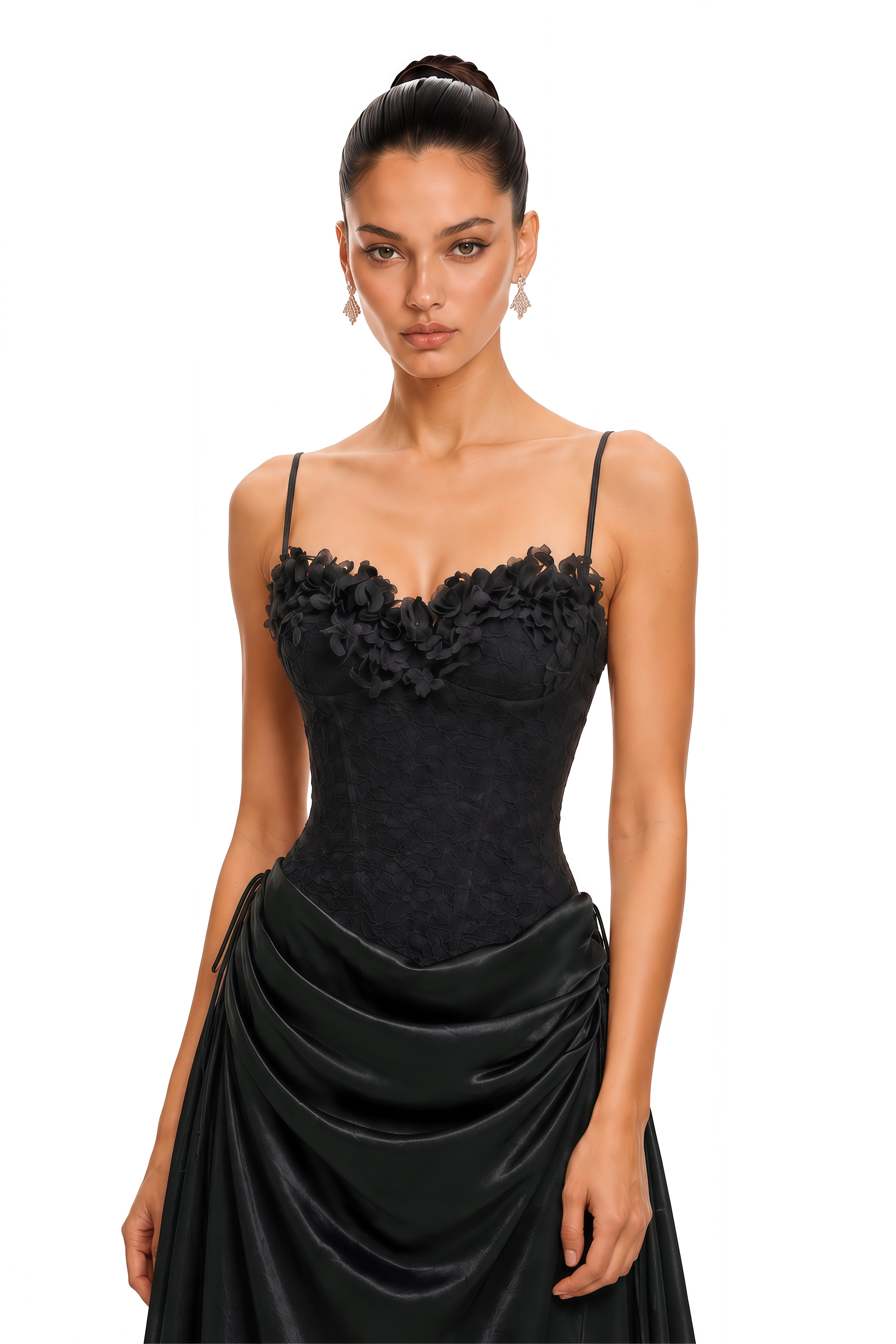Claribel Black Lace Spaghetti Strap Draped Maxi Dress
