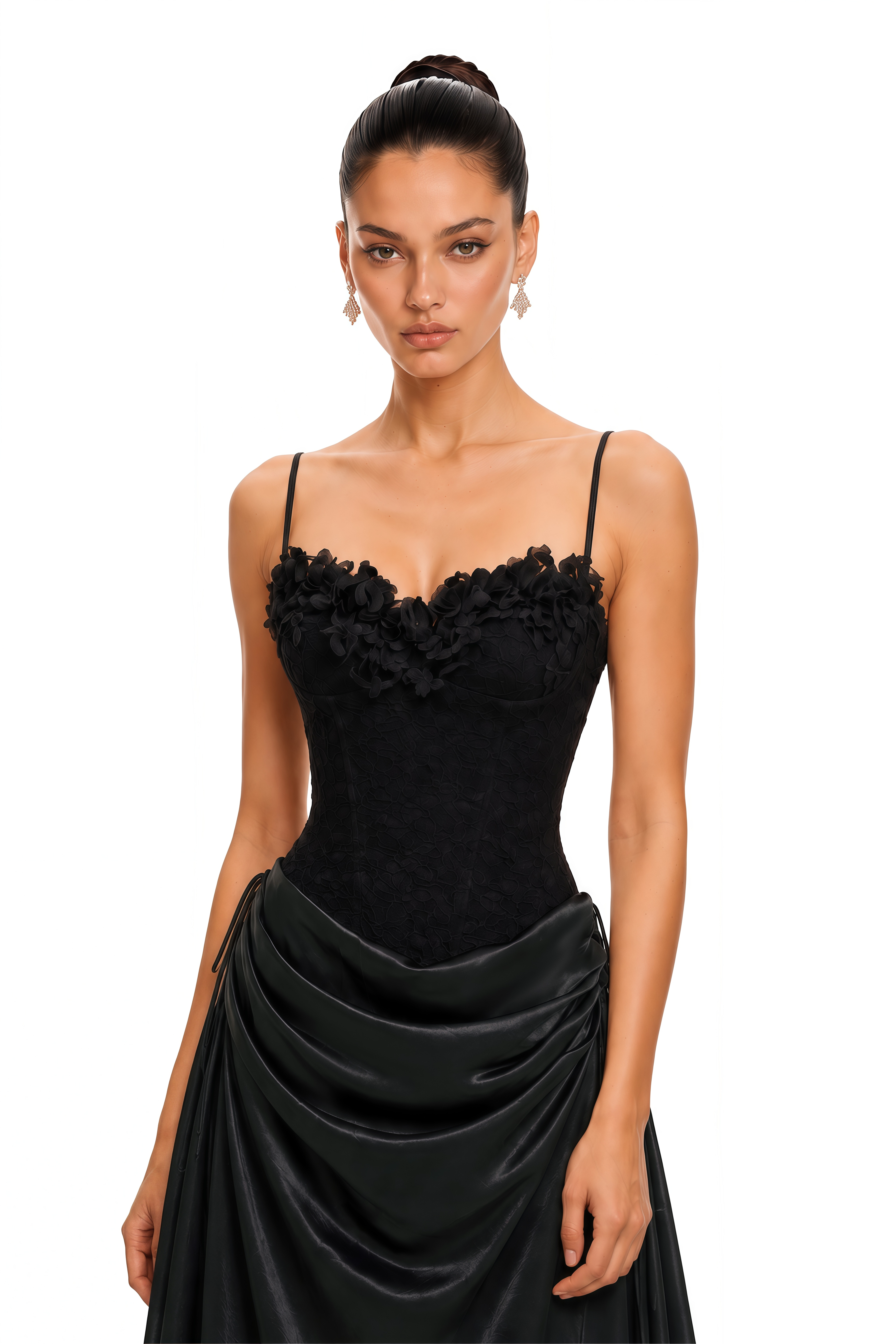 Claribel Black Lace Spaghetti Strap Draped Maxi Dress
