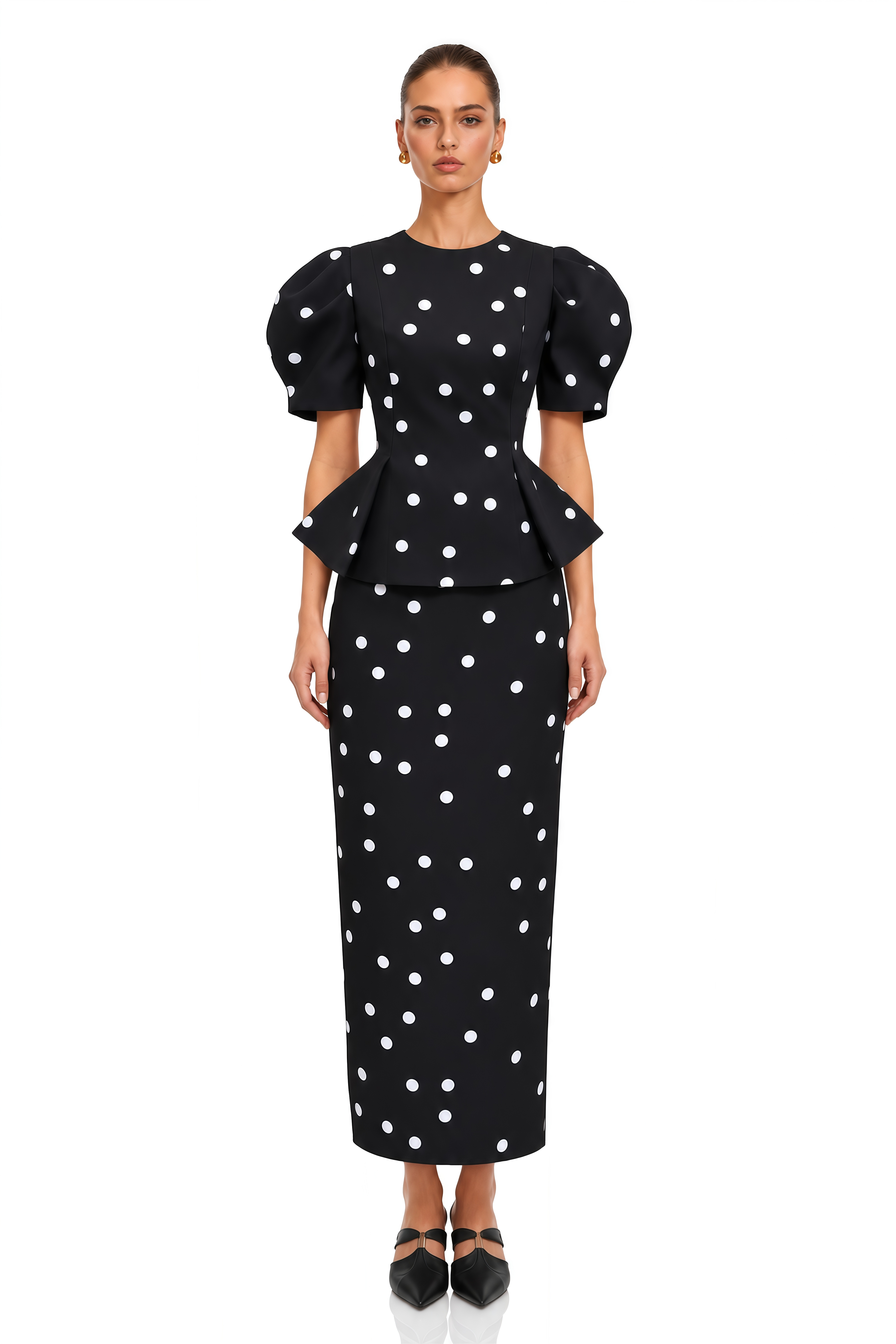 Clarice Black Polka Dot Peplum Blouse & Maxi Skirt Set